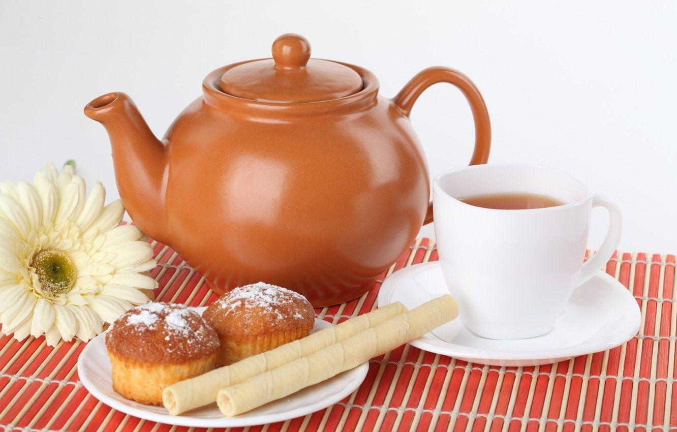 1332x850 Wallpaper flower, tea, kettle, Cup, tube, cupcakes image
