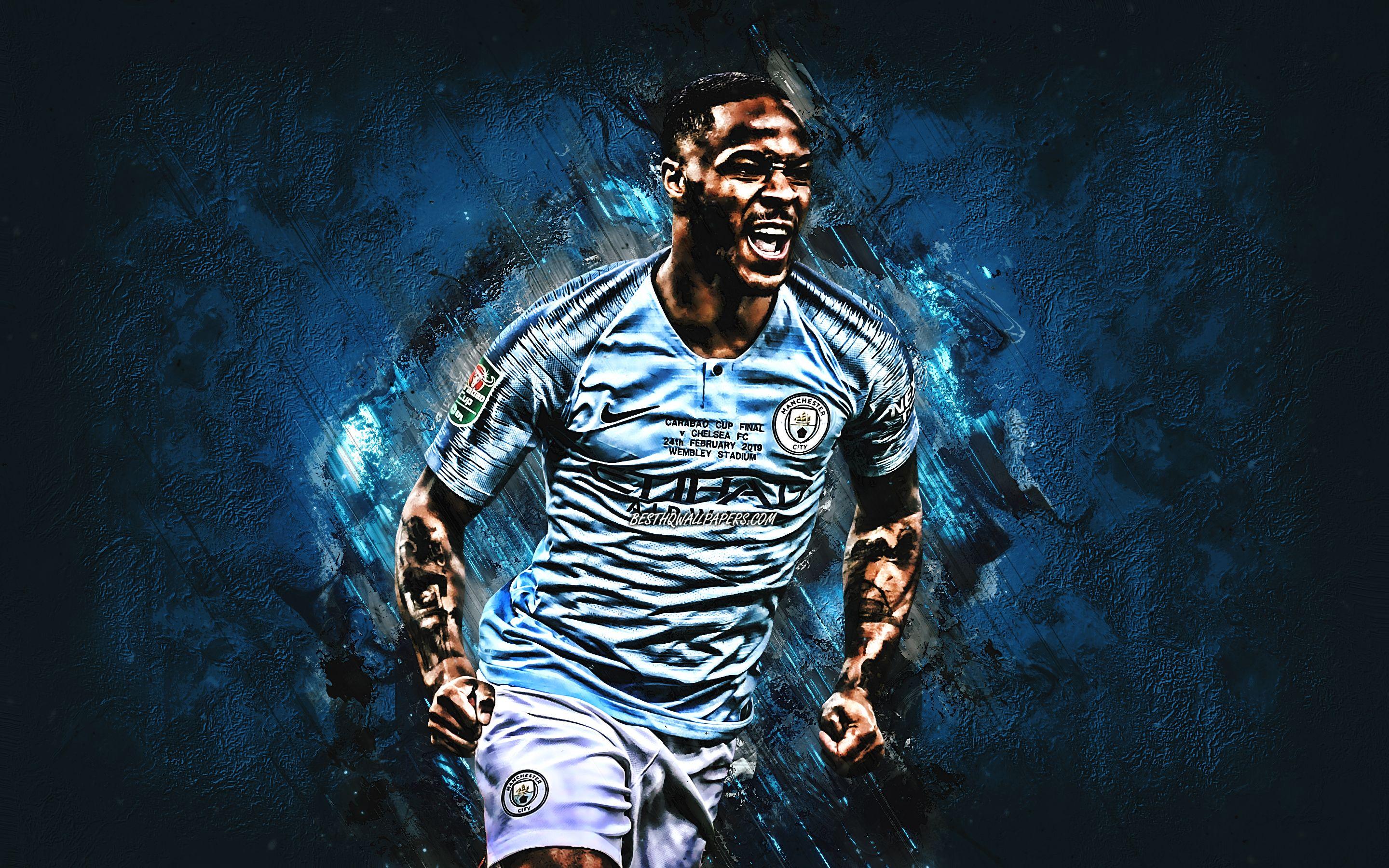 2880x1800 Download wallpaper Raheem Sterling, grunge, Manchester City FC, England, soccer, Raheem Shaquille Sterling, english footballers, blue stone, Premier League, Man City, football for desktop with resolution 2880x1800. High Quality HD picture