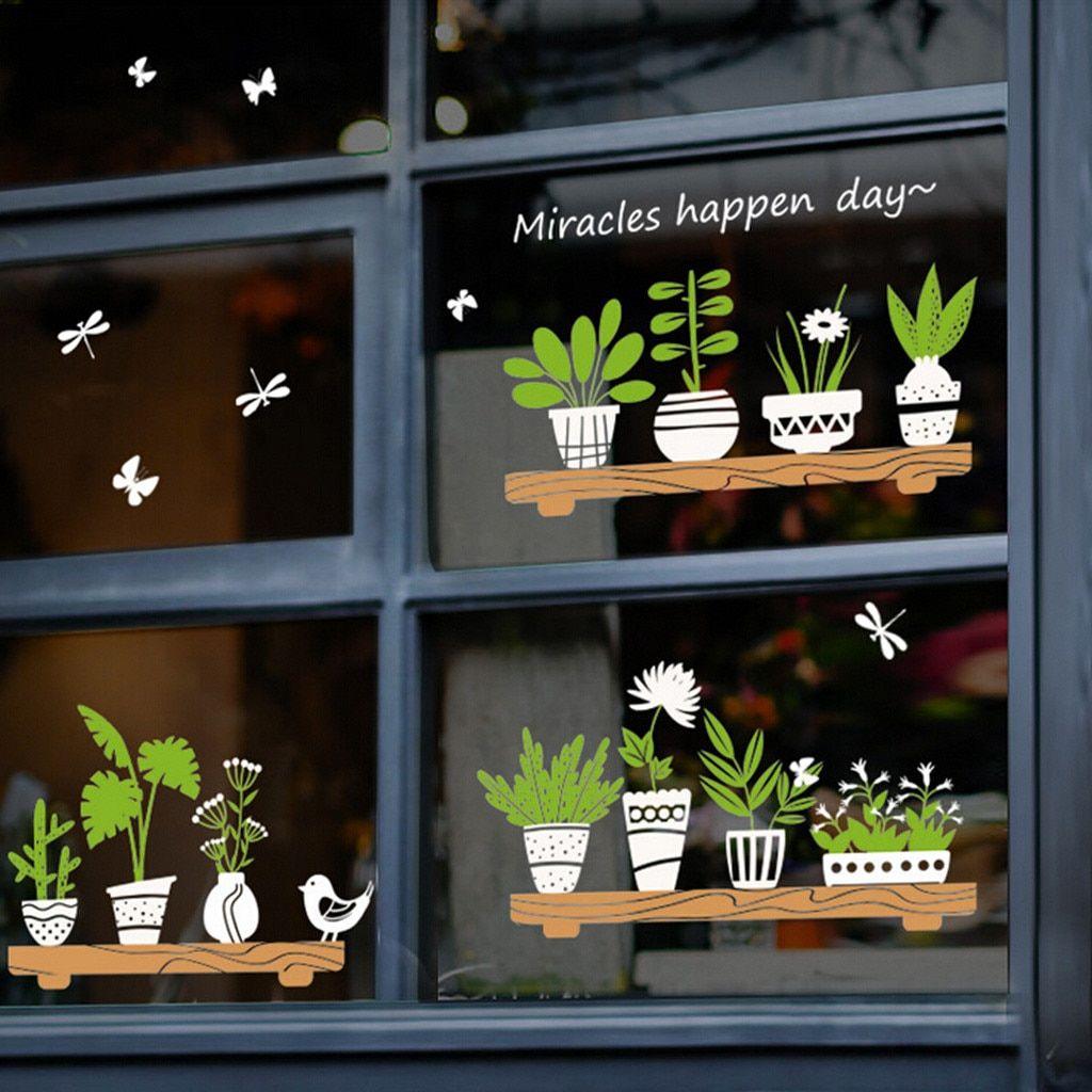 1024x1024 Plant Glass Potted Shop Window Stickers Flower Pot DIY Wall Decals Homen Cafe Decor Waterproof Wallpaper#T2. Wall Stickers