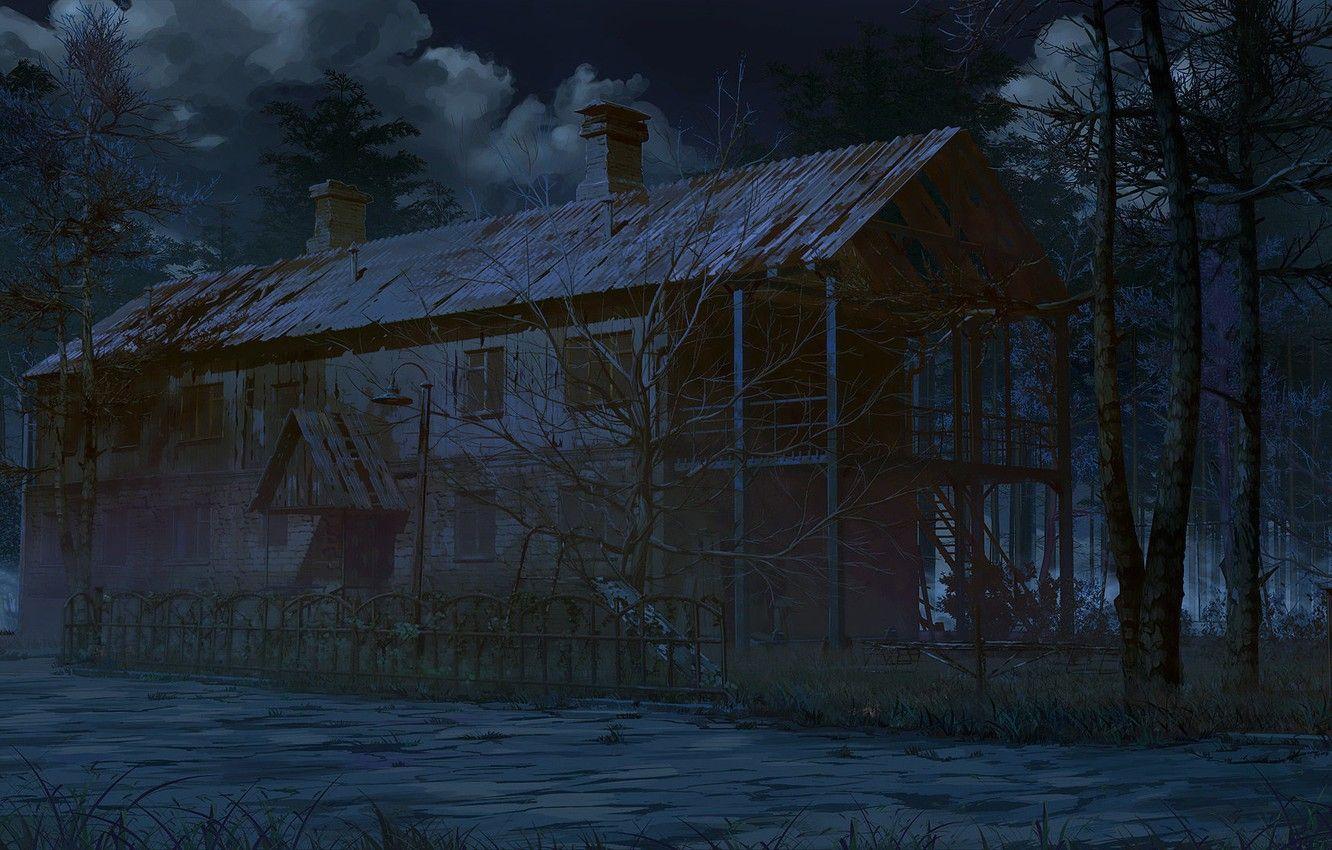 1332x850 Wallpaper forest, night, house, pipe, Scary house image for desktop, section рендеринг