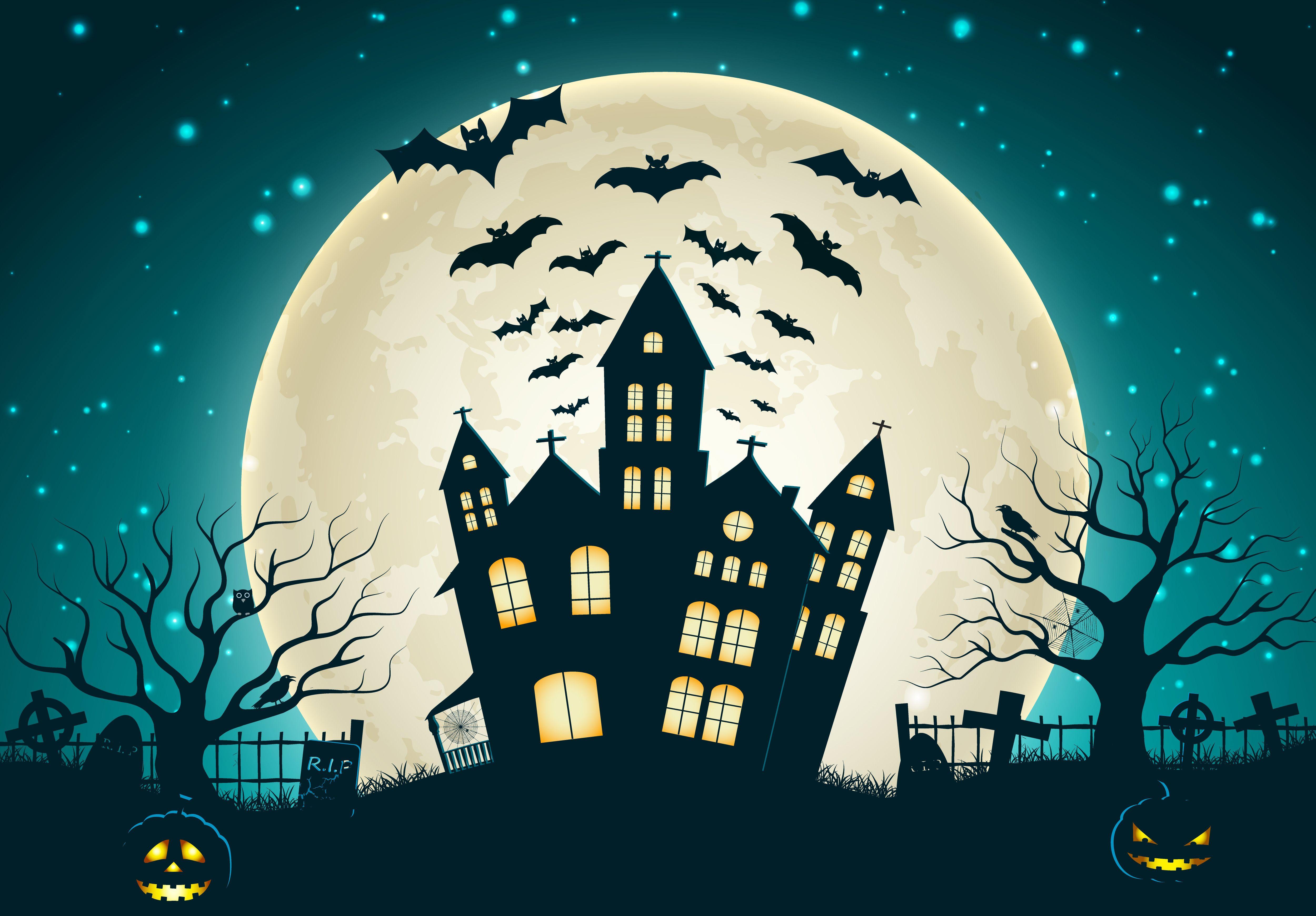 5000x3482 #Full moon, #Bats, #Pumpkins. 4K, #Scary house. Mocah HD Wallpaper