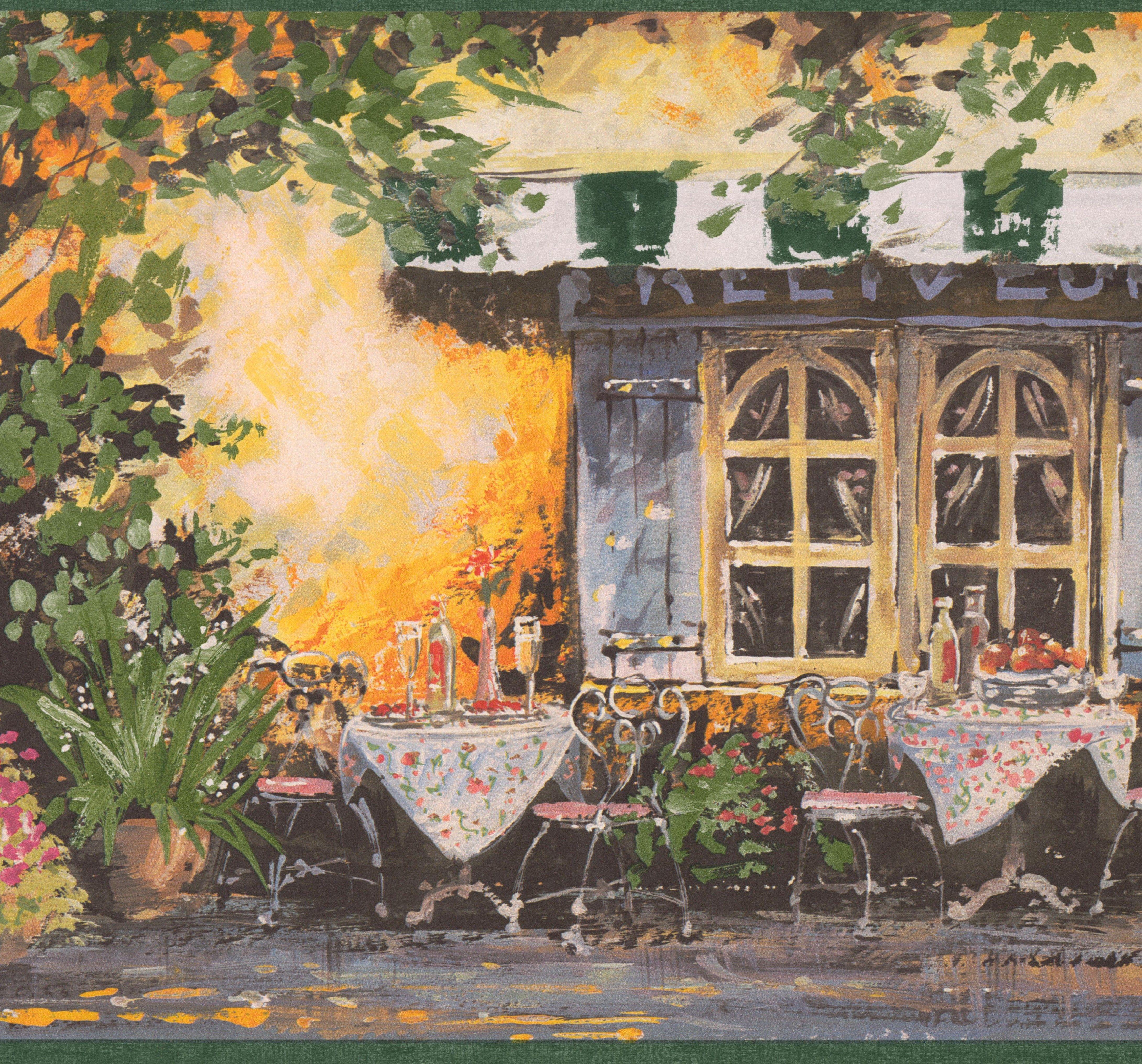 4359x4062 Vintage Cafe Outside Tables Potted Flowers Plants Wide Rustic Wallpaper Border Retro Design, Roll 15' x 10.25''