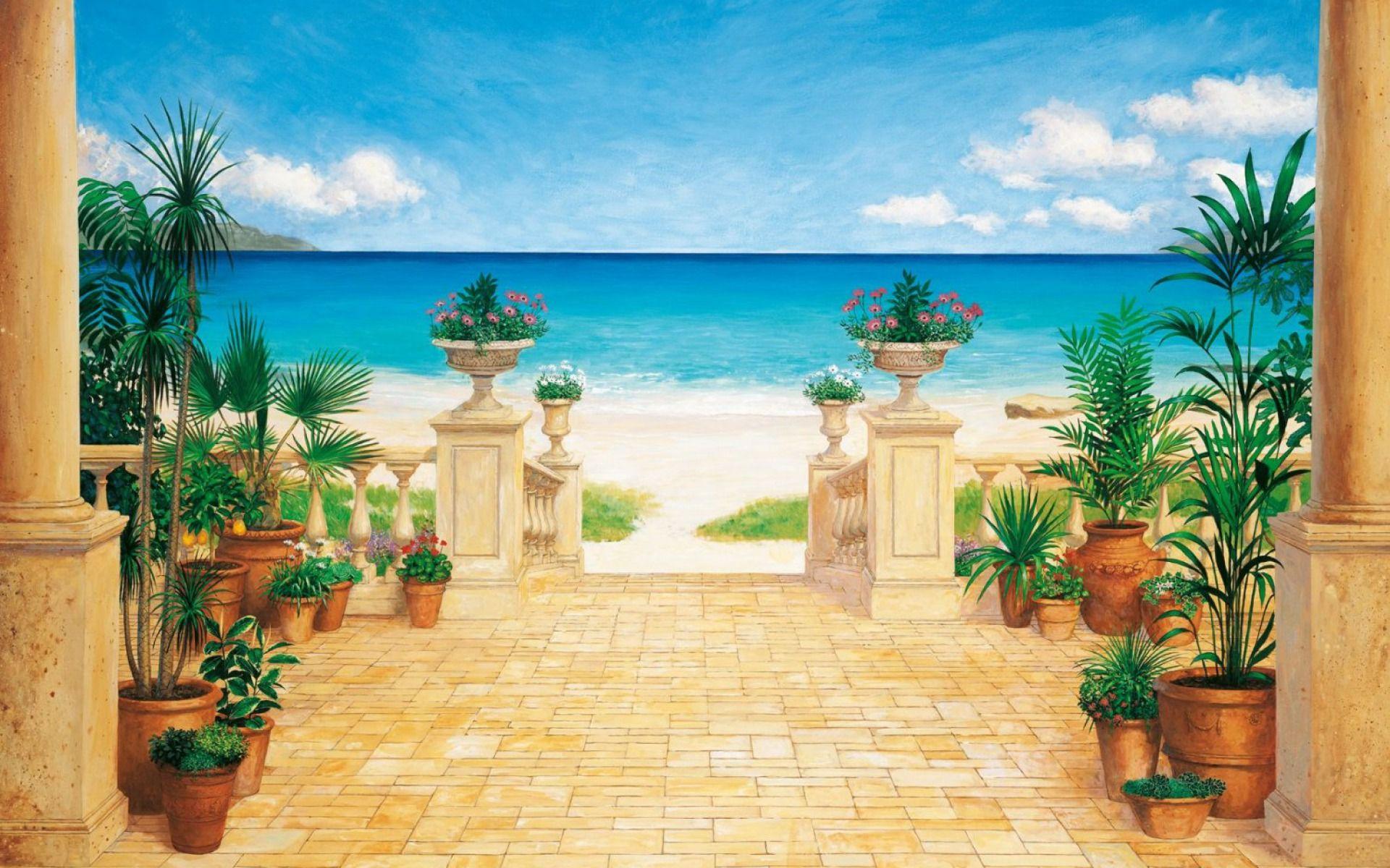1920x1200 Villa Potted Flowers Beach wallpaper. Villa Potted Flowers Beach