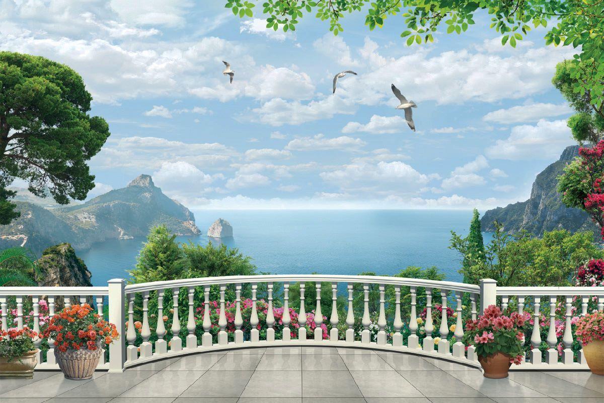 1200x800 Wallpaper 3D terrace overlooking the beach and potted flowers
