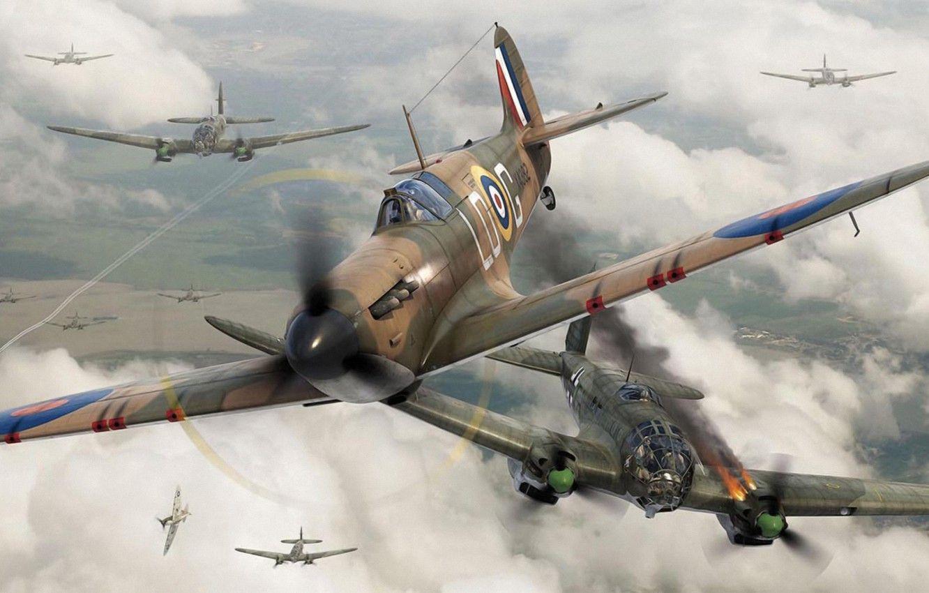1332x850 Wallpaper fighter, war, art, airplane, painting, aviation, ww dogfight, Supermarine Spitfire Mk.I image for desktop, section авиация