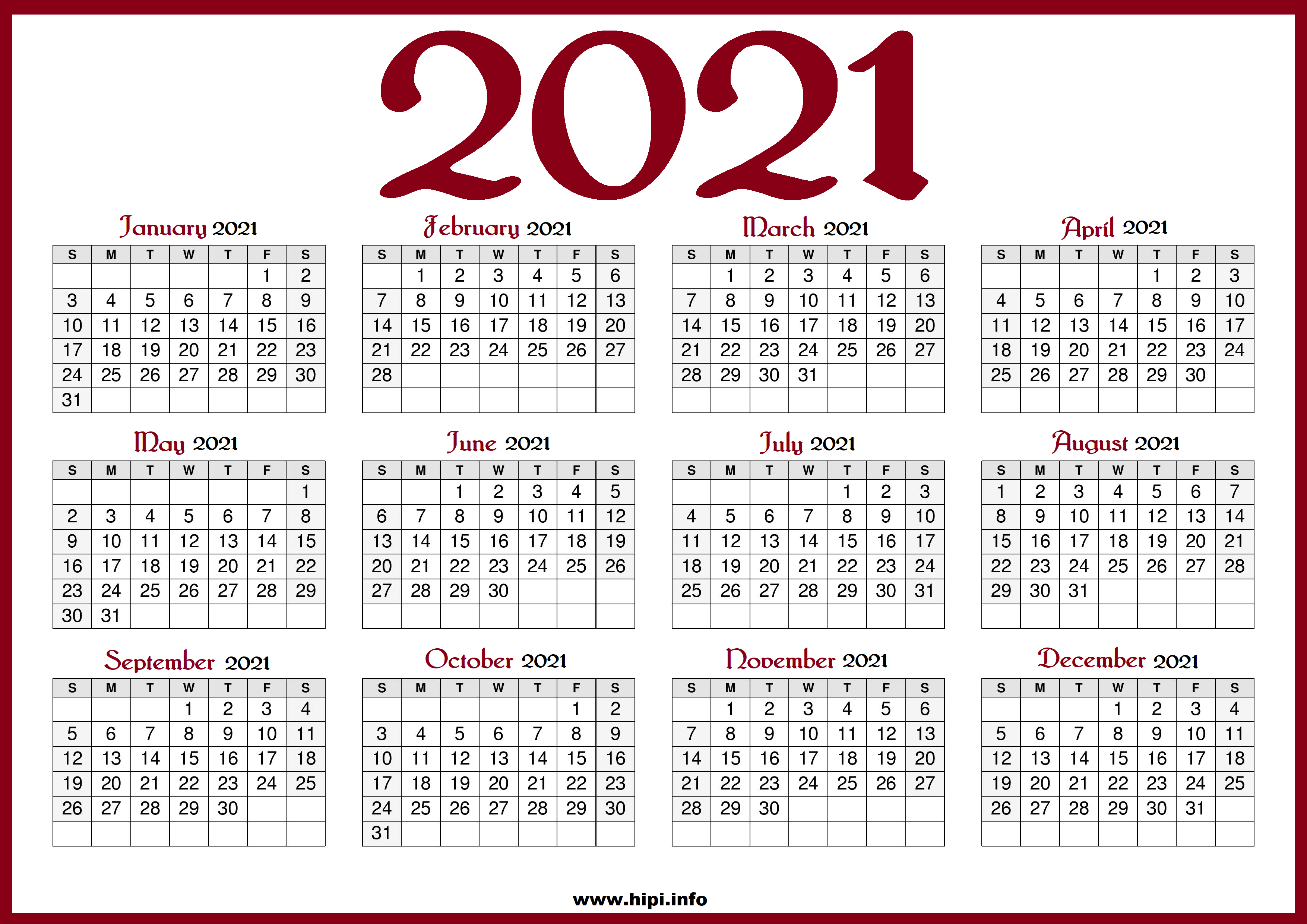 3508x2480 Lịch năm 2021 có thể in với các ngày lễ ở Hoa Kỳ - Màu đỏ cho