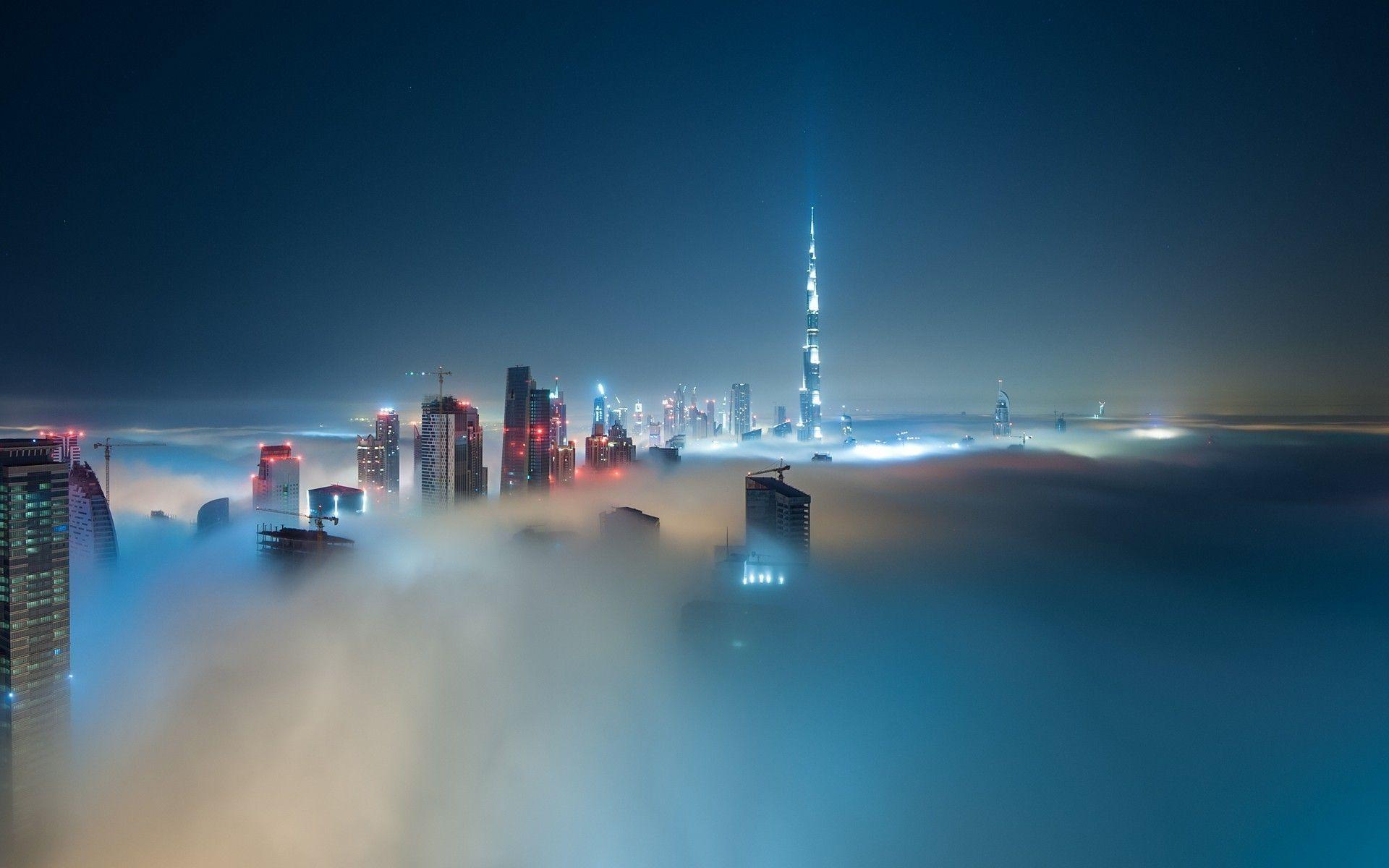 1920x1200 #mist, #skyscraper, #night, #city, #Burj Khalifa, #clouds, #building, #cityscape, #Dubai, wallpaper. Mocah.org HD Wallpaper