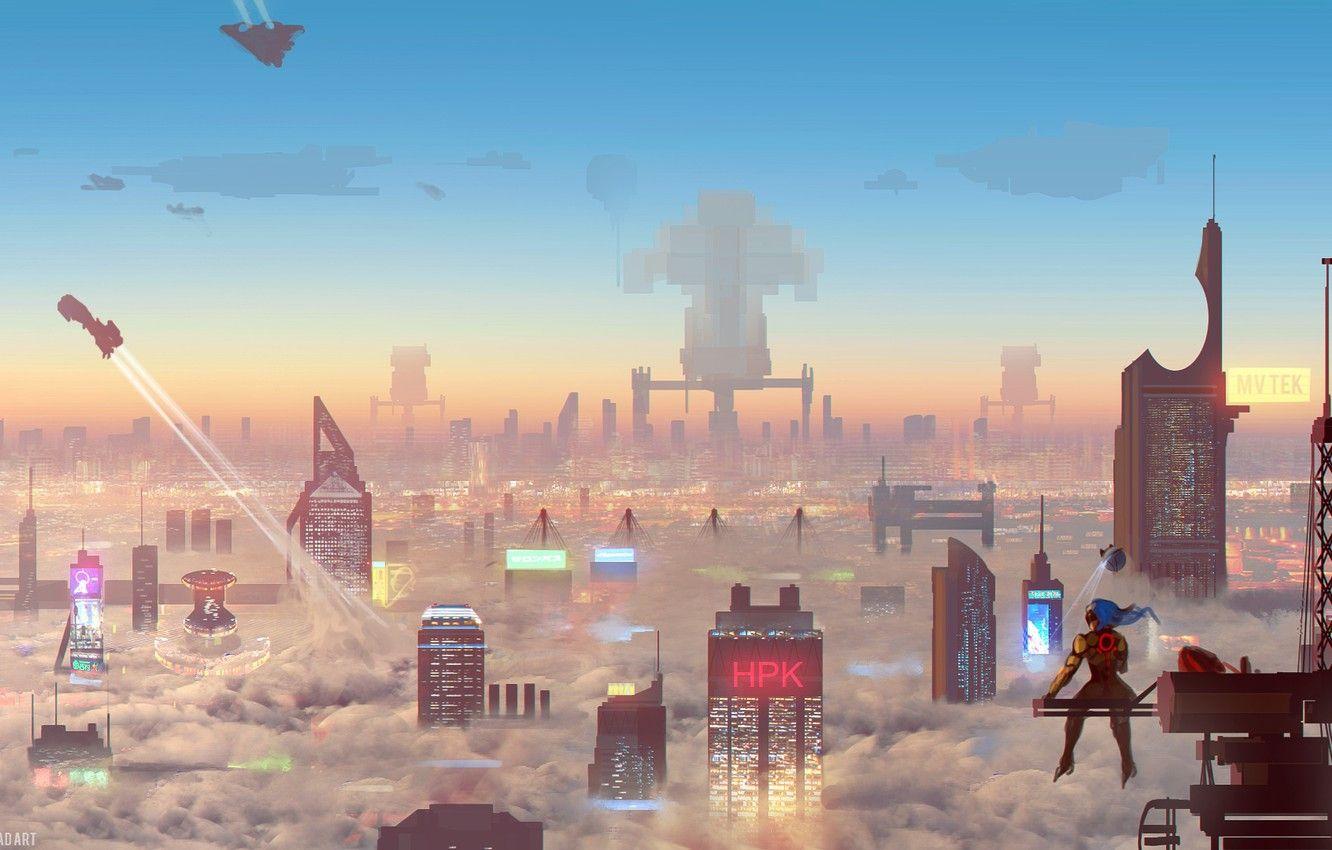 1332x850 Wallpaper The sky, Clouds, The city, Future, Neon, Skyscrapers, Building, City, Fantasy, Clouds, Sky, Art, Spaceships, Fiction, Neon, Future image for desktop, section фантастика