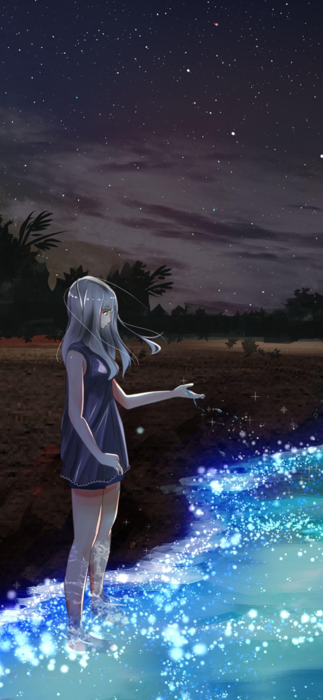1125x2436 Anime Girl At Seashore Dark Moon iPhone XS, iPhone iPhone X HD 4k Wallpaper, Image, Background, Photo and Picture