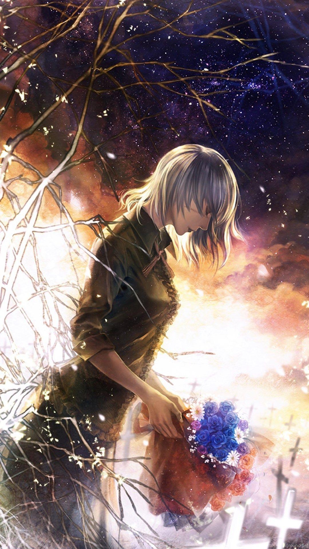1080x1920 Original Girl Flower Rose Blue Sad Anime Short Hair Wallpaper. Desktop Background