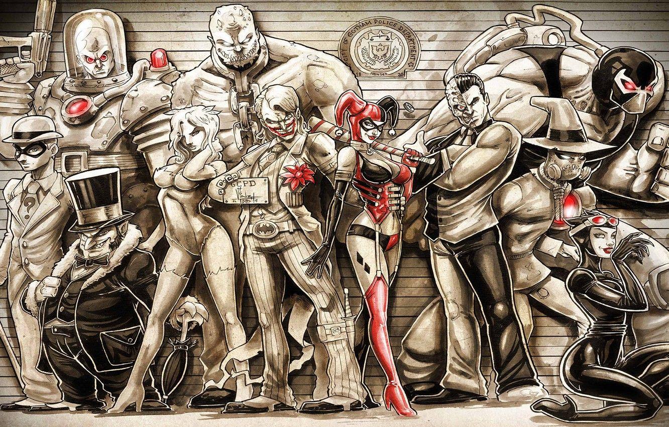 1332x850 Wallpaper Joker, Cat woman, Harley Quinn, Penguin, DC Comics, Scarecrow, Poison Ivy image for desktop, section фантастика