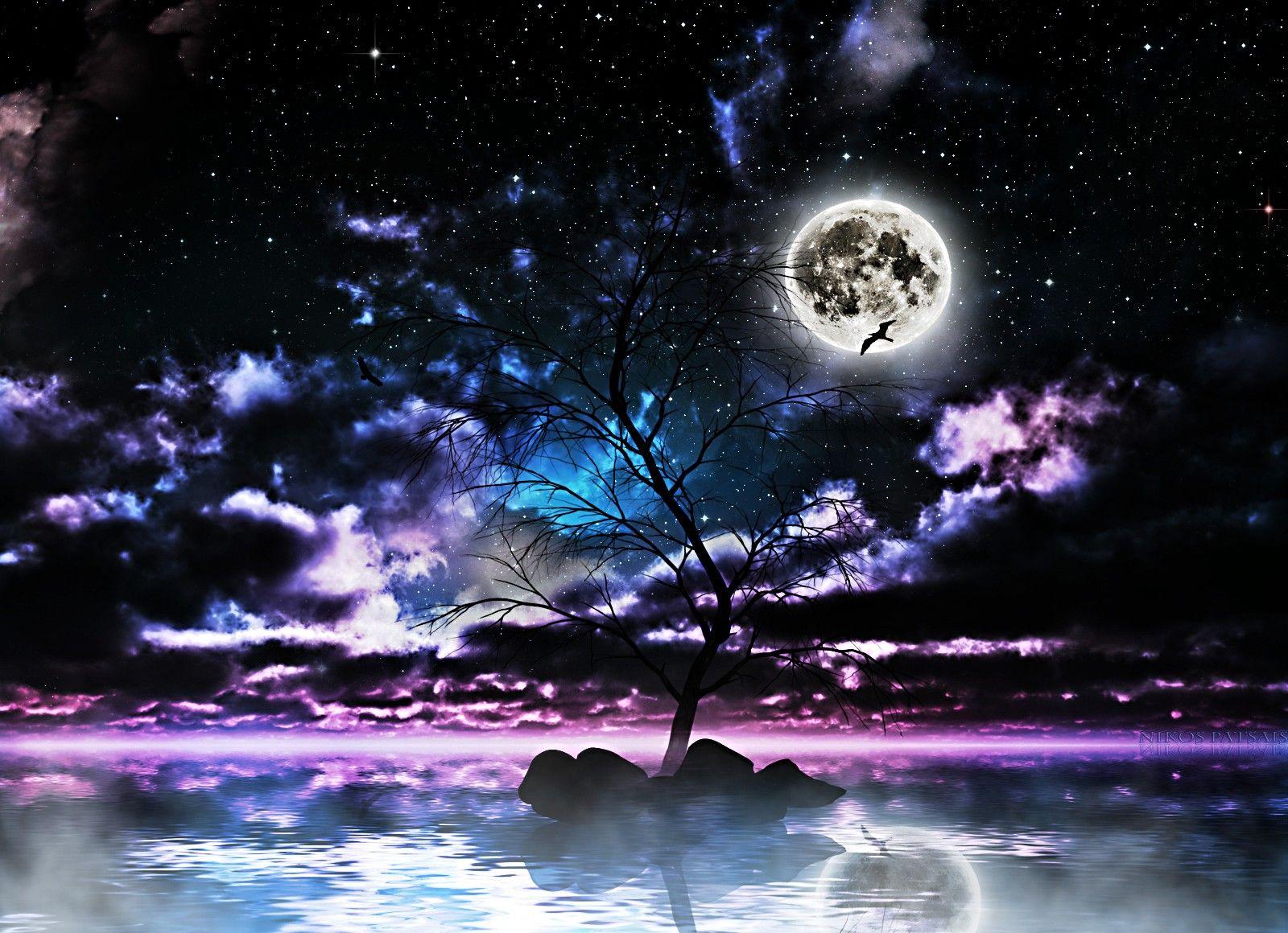 1600x1160 Oceans: Sea Tree Sorrow Sky Clouds Stars Moon Ocean Live Wallpaper