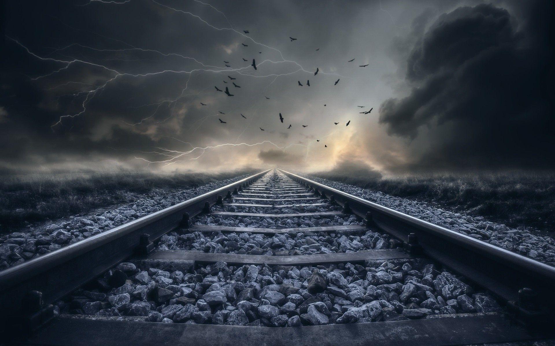 1920x1200 #landscape, #birds, #storm, #railway, #digital art, #clouds, #sky, wallpaper. Mocah.org HD Wallpaper