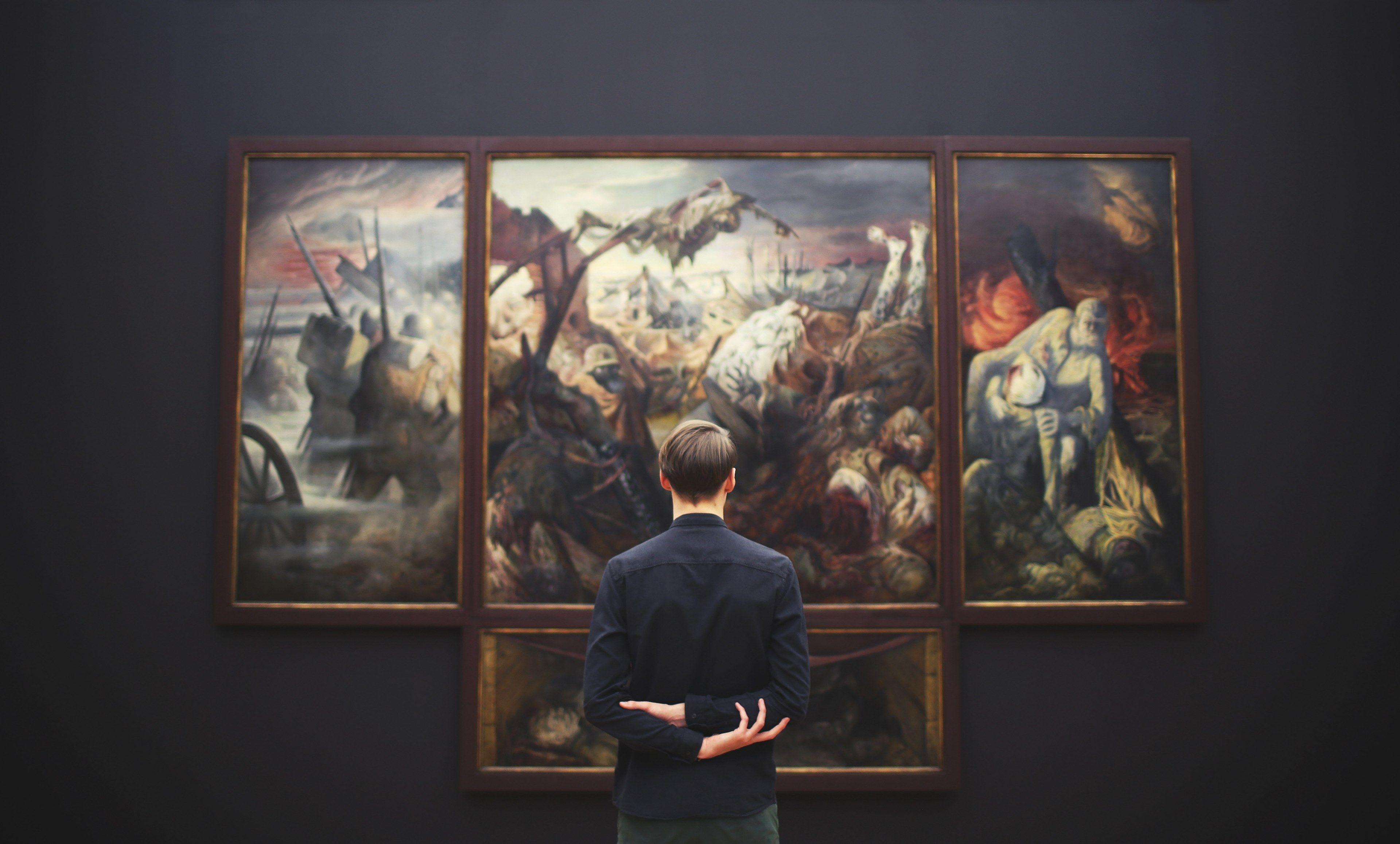 3840x2316 Wallpaper / wide angle shot of a man from behind who is looking at a large painting in a museum, _war 4k wallpaper