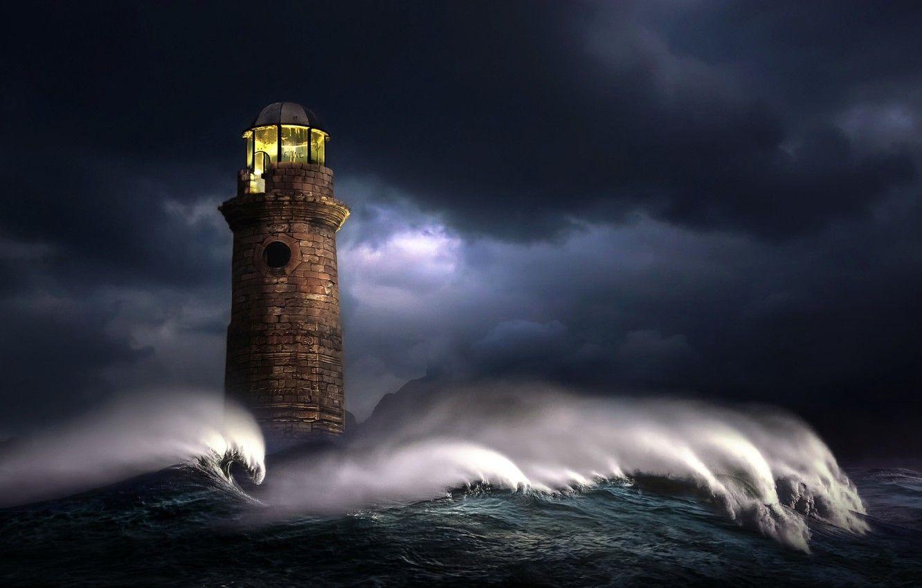 1332x850 Wallpaper sea, wave, light, night, clouds, storm, graphics, lighthouse, digital art, nikos Bantouvakis image for desktop, section рендеринг