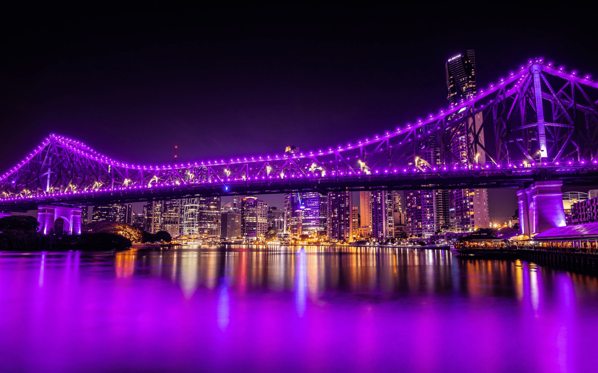 1920x1200 Download wallpaper Brisbane, Story Bridge, Brisbane River, night, purple bridge lighting, Brisbane cityscape, skyscrapers, Australia for desktop with resolution 1920x1200. High Quality HD picture wallpaper
