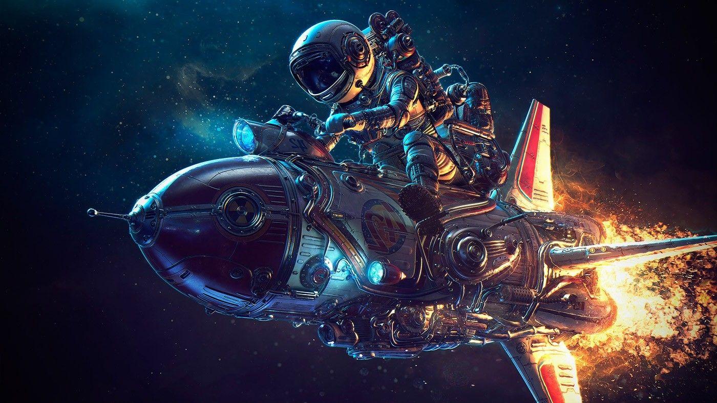 1400x788 Photoshop, Sky, Rocket, Galaxy, Michael Black, Astronauts Wallpaper HD / Desktop and Mobile Background