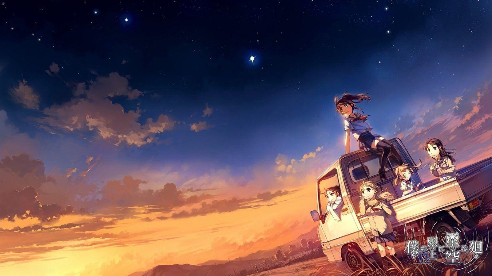 1600x900 Anime sky blue sunset sun light group friend car clouds city wallpaperx900. Blue sunset, Cloud city, City wallpaper