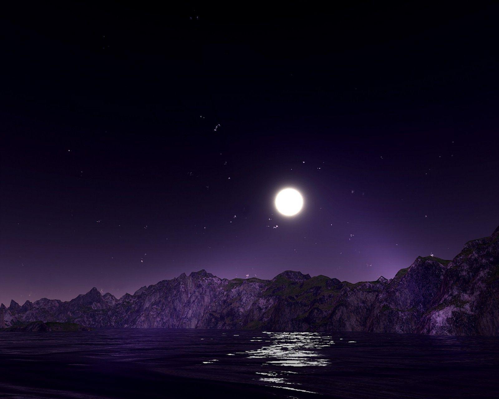 1600x1280 Sky: Sky Moon Water Reflection Stars Serenity Night Những ngọn núi màu tím