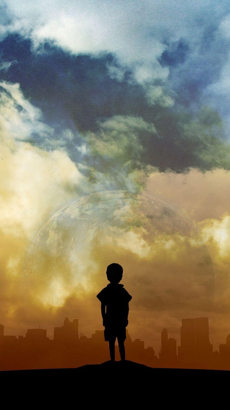 938x1668 Download Wallpaper 938x1668 Child, Art, Planet, Clouds, City Iphone 8 7 6s 6 For Parallax HD Background