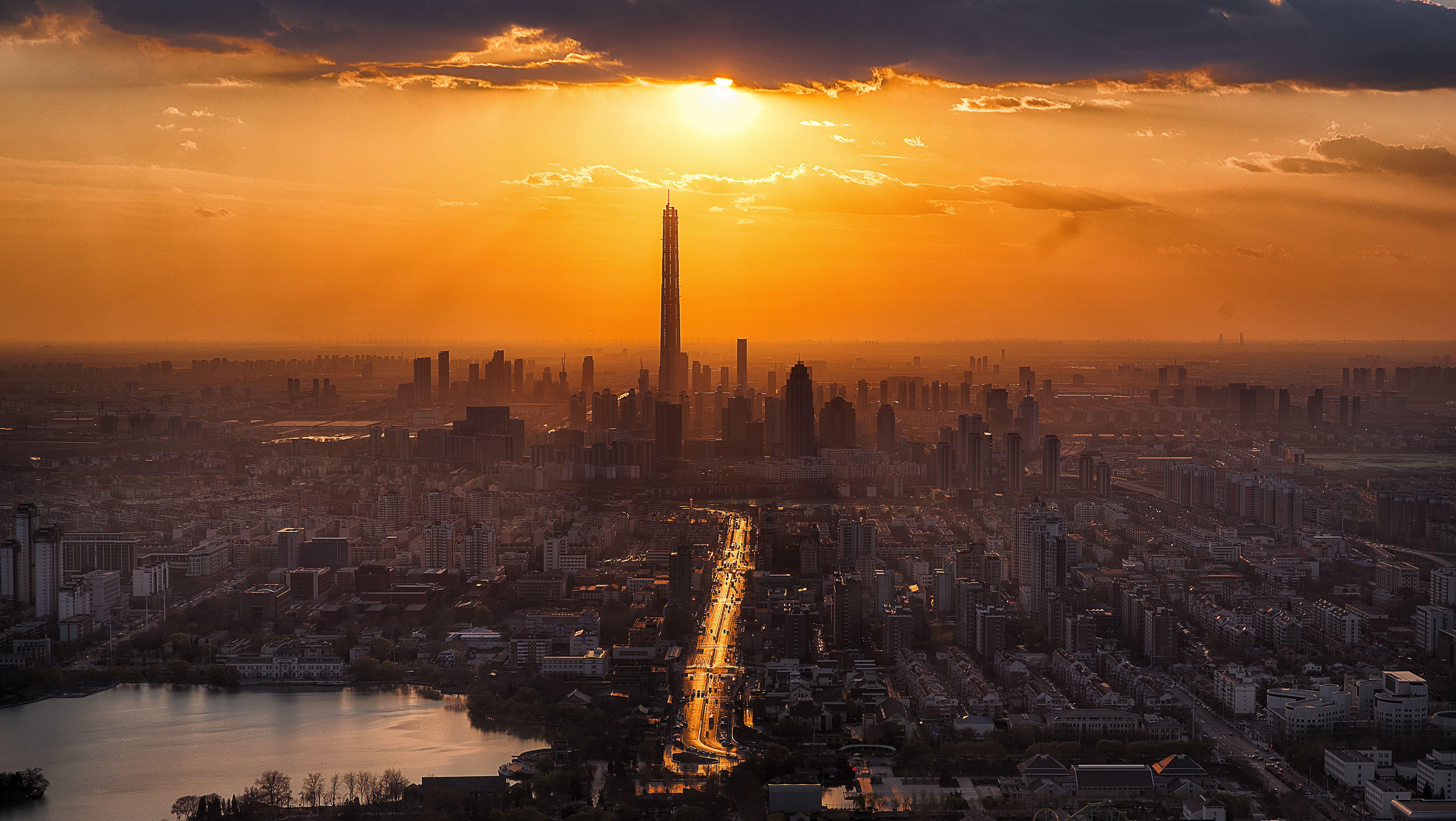 7120x4013 #building, #architecture, #road, #city, #clouds, #Sun, #cityscape, #lake, wallpaper. Mocah.org HD Wallpaper