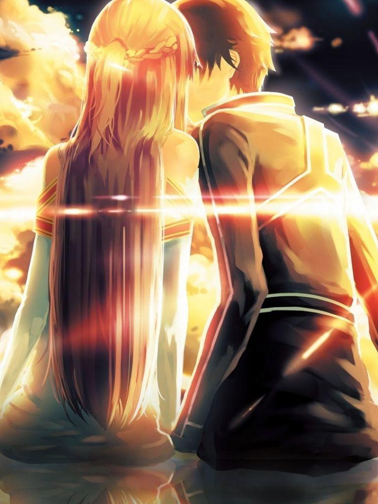 768x1024 Sword Art Online Kirito Kiss Asuna Phone Wallpaper