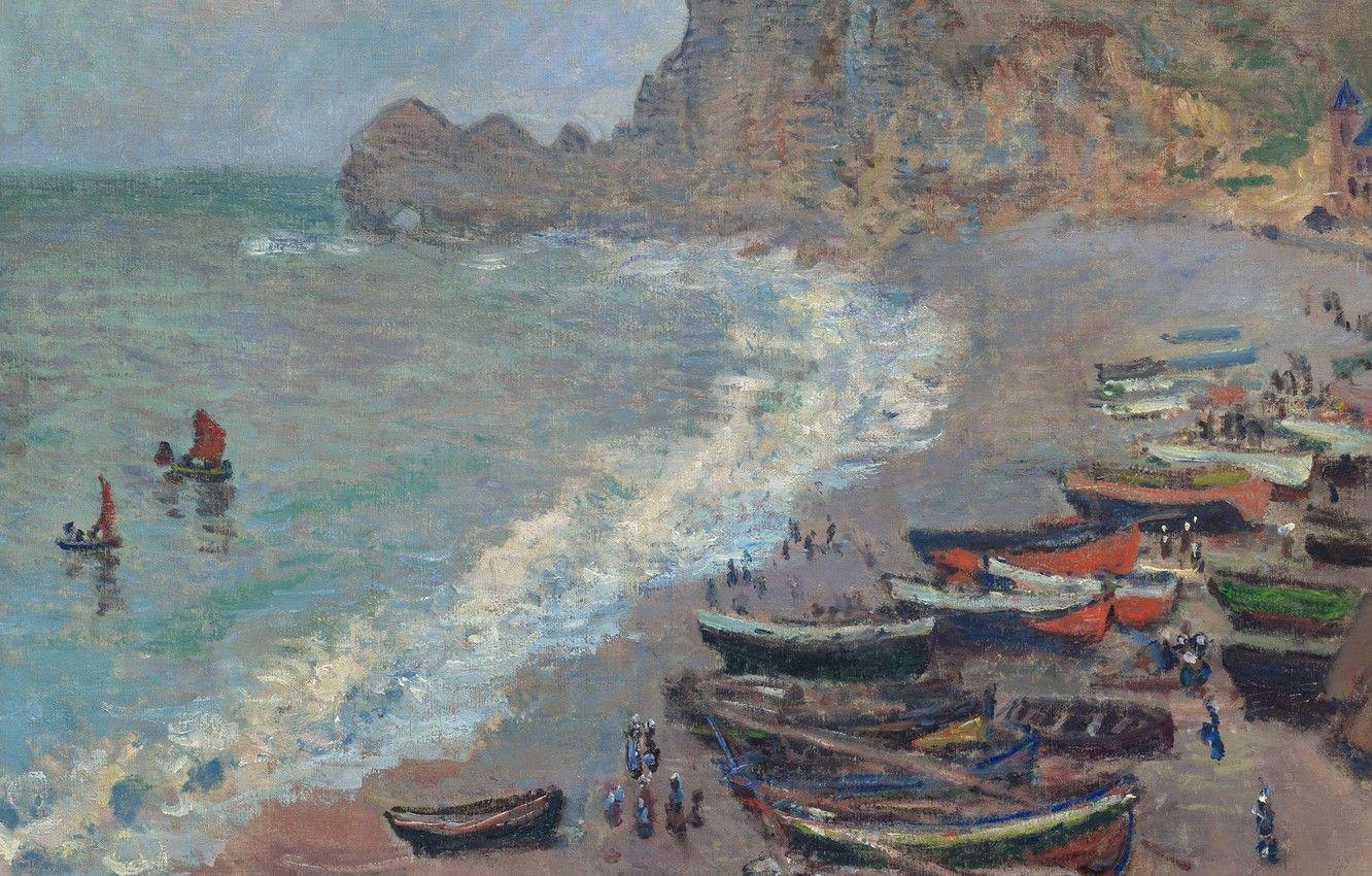 1332x850 Wallpaper landscape, shore, picture, boats, Claude Monet, The beach in Etretat image for desktop, section живопись