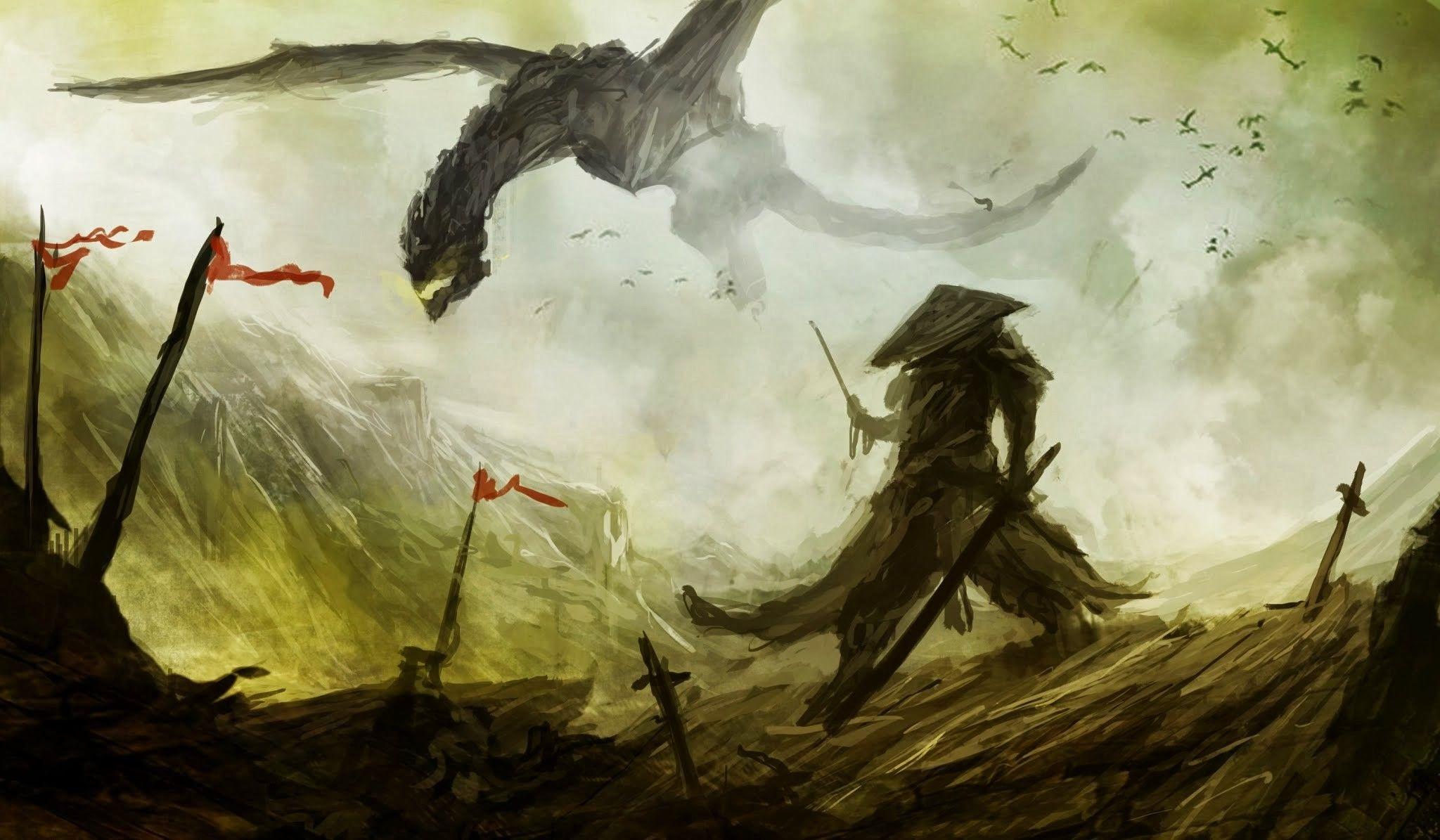 2048x1195 #samurai, #sword, #artwork, #fantasy art, #dragon, wallpaper. Mocah.org HD Wallpaper