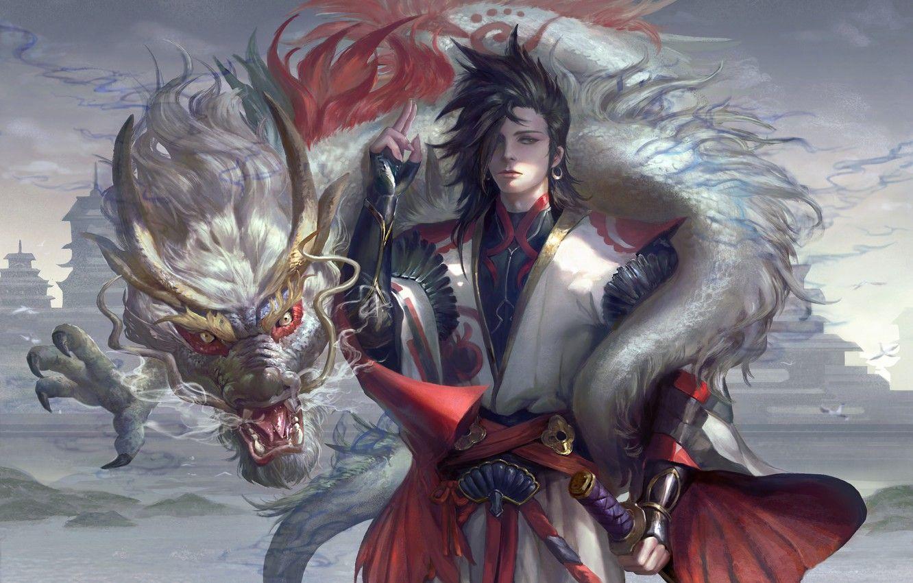 1332x850 Wallpaper weapons, dragon, Japan, fantasy, art, guy image for desktop, section фантастика