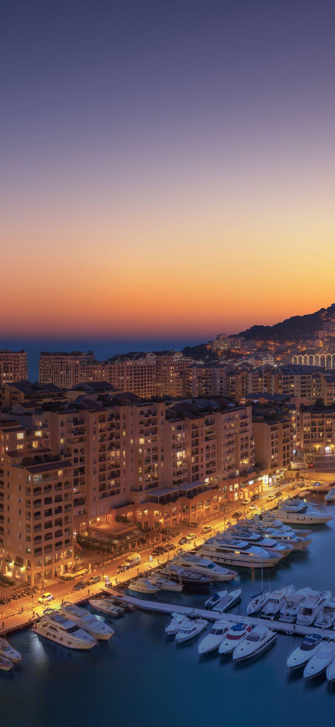 1125x2436 Download 1125x2436 wallpaper sunset, fontvieille, monaco, aerial view, buildings, iphone x 1125x2436 HD image, background, 22507