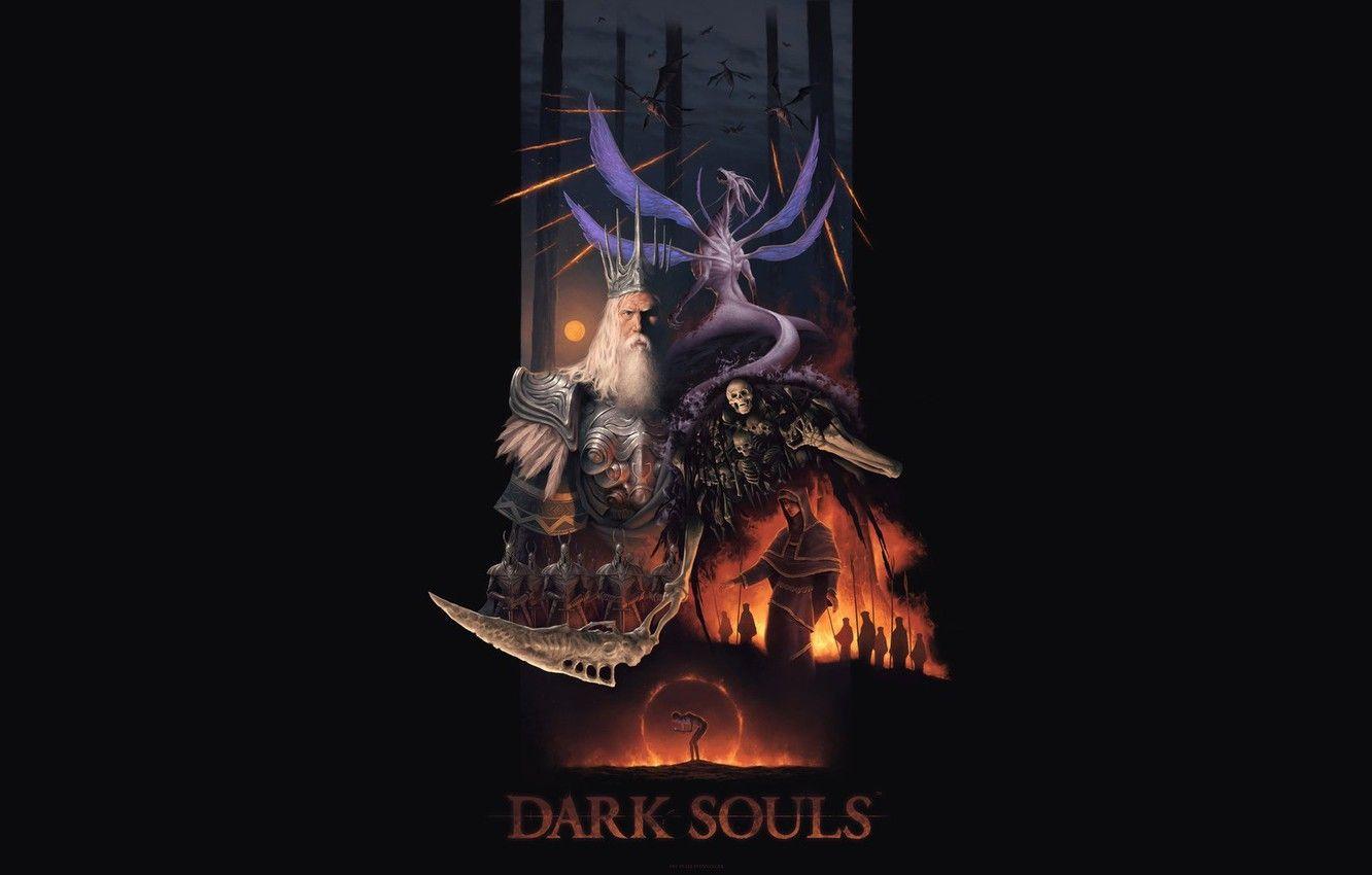 1332x850 Wallpaper Art, 1920x Dark Souls, Minimalism, Lord of Cinder, Gravelord Nito, Collage, Seath the Scaleless, Gwyn, Witch of Izalith, Soul of Manus image for desktop, section игры