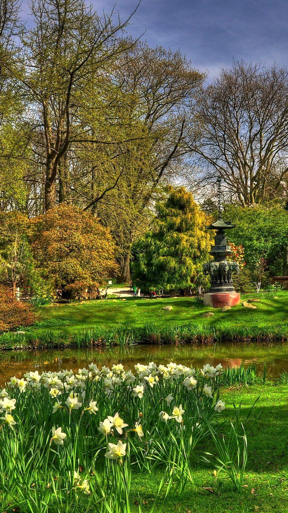 938x1668 Download Wallpaper 938x1668 Flowers, Narcissuses, Pond, Garden, Buddha, Statues Iphone 8 7 6s 6 For Parallax HD Background