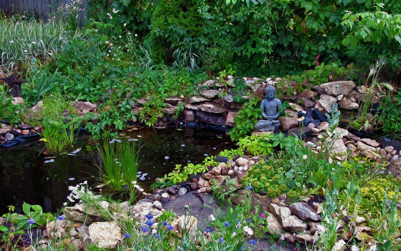 1680x1050 Statuette of Buddha in the garden Desktop wallpaper 1680x1050