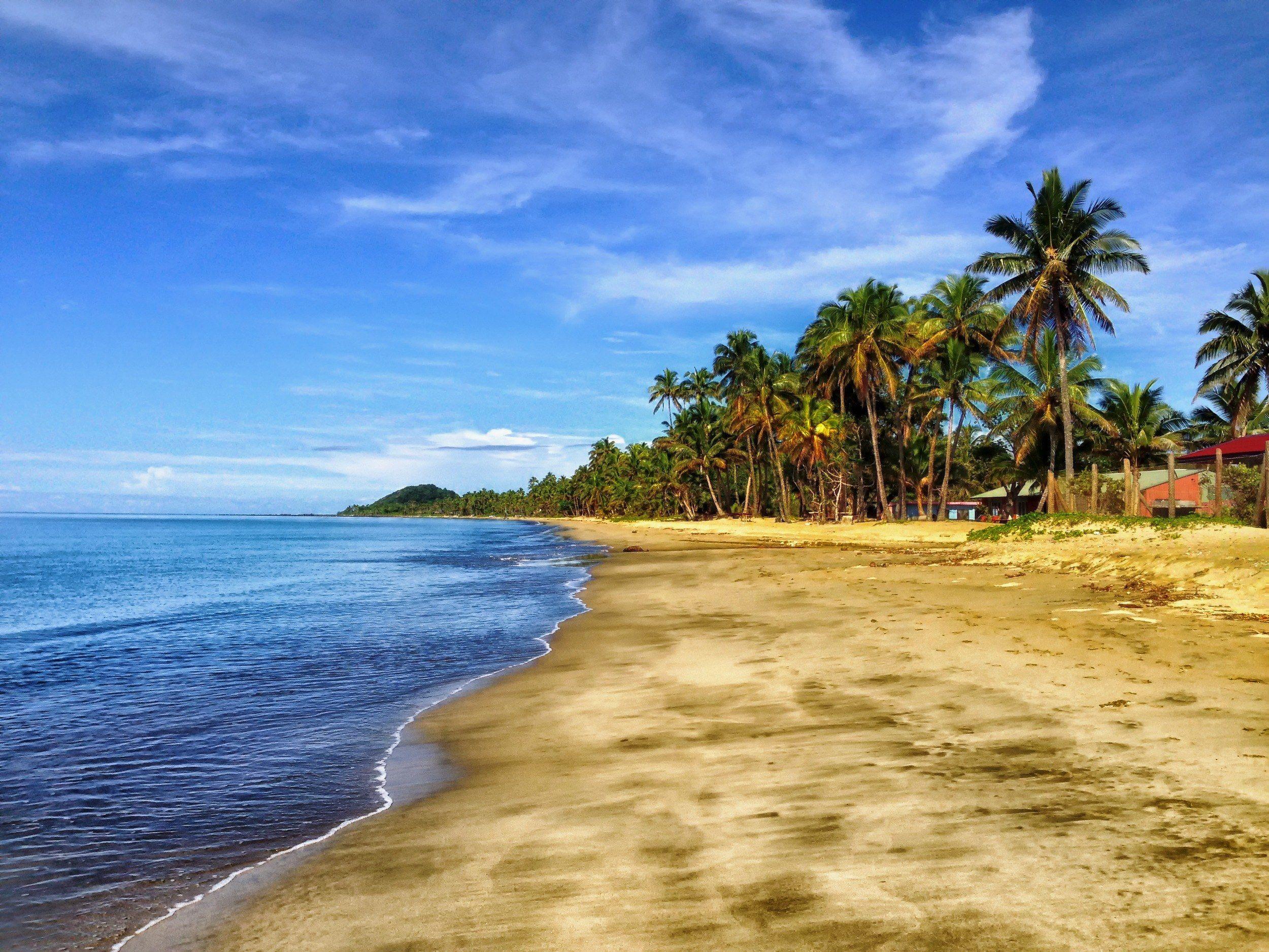 2500x1875 Wallpaper / fiji beach sand palm trees tropics sky clouds 4k wallpaper