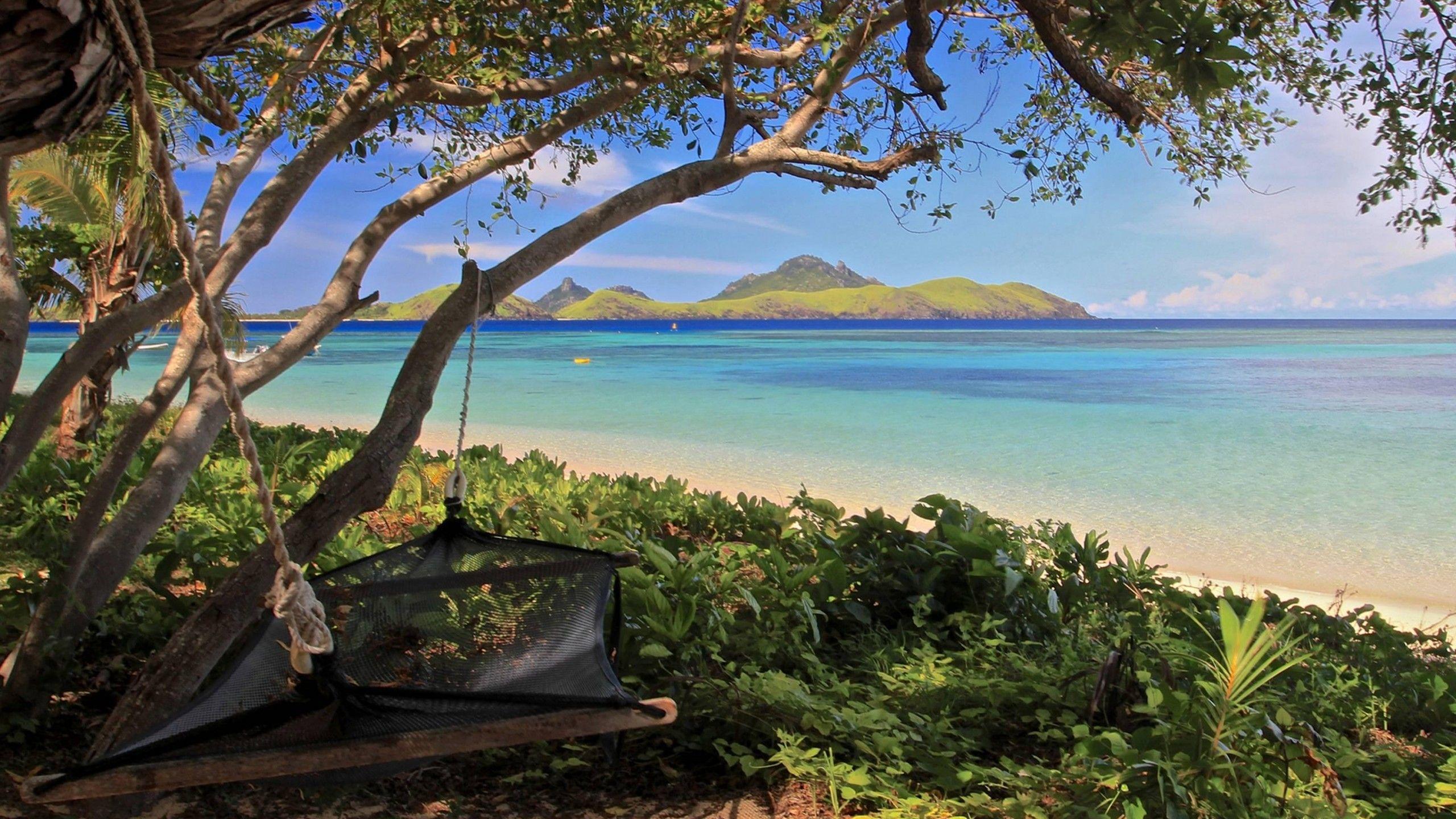 2560x1440 Hammock on Beach Fiji HD desktop wallpaper : Widescreen : High Definition