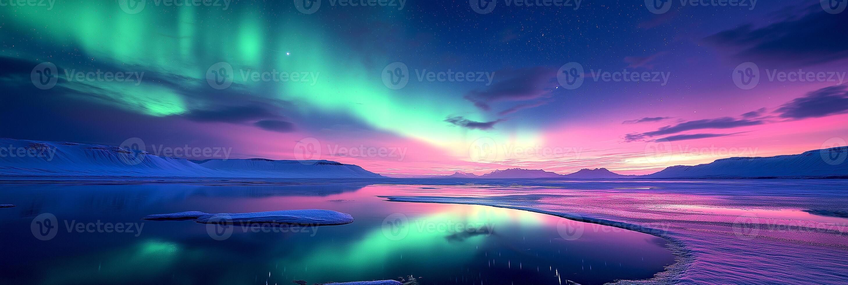 2916x980 Panorama Northern lights aurora borealis green and blue snow mountains at night, In Scandinavia Country Winter Season, North pole, Northern Europe, Landscape