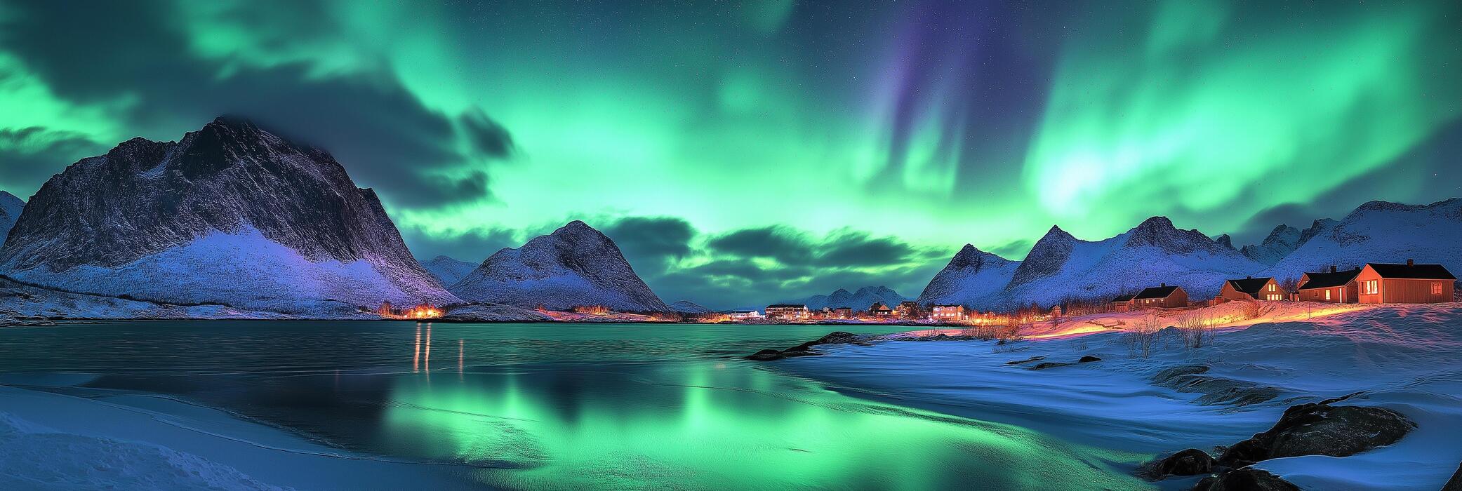 2083x700 Panorama Northern lights aurora borealis green and blue with snow mountains at night, In Scandinavia Country Winter Season, North pole, Northern Europe Landscape