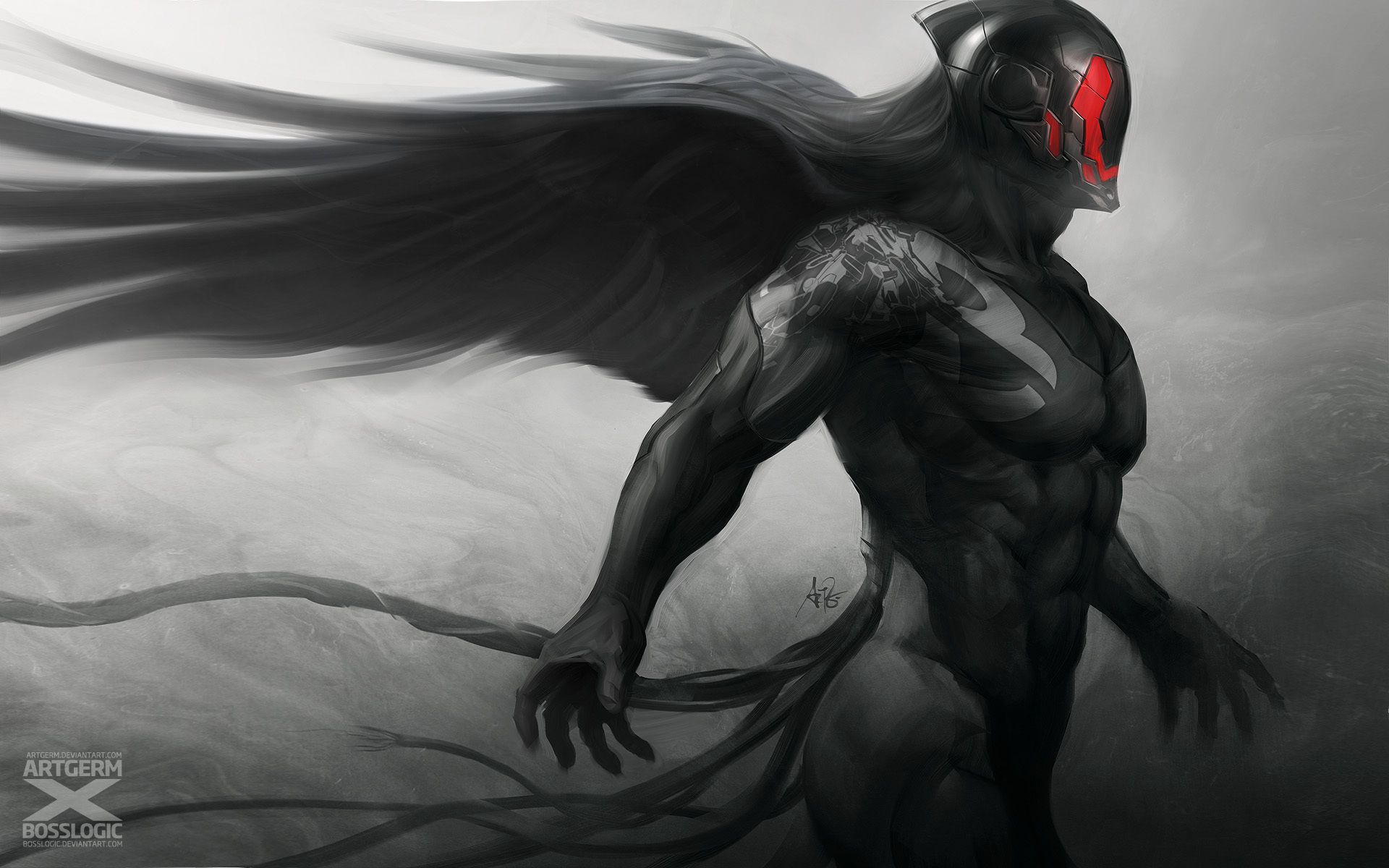 1920x1200 art, Artgerm, Stanley, Lau, Guy, Mask, Wings, Profile, Black, And, White, Monochrome, Sci fi, Warrior Wallpaper HD / Desktop and Mobile Background