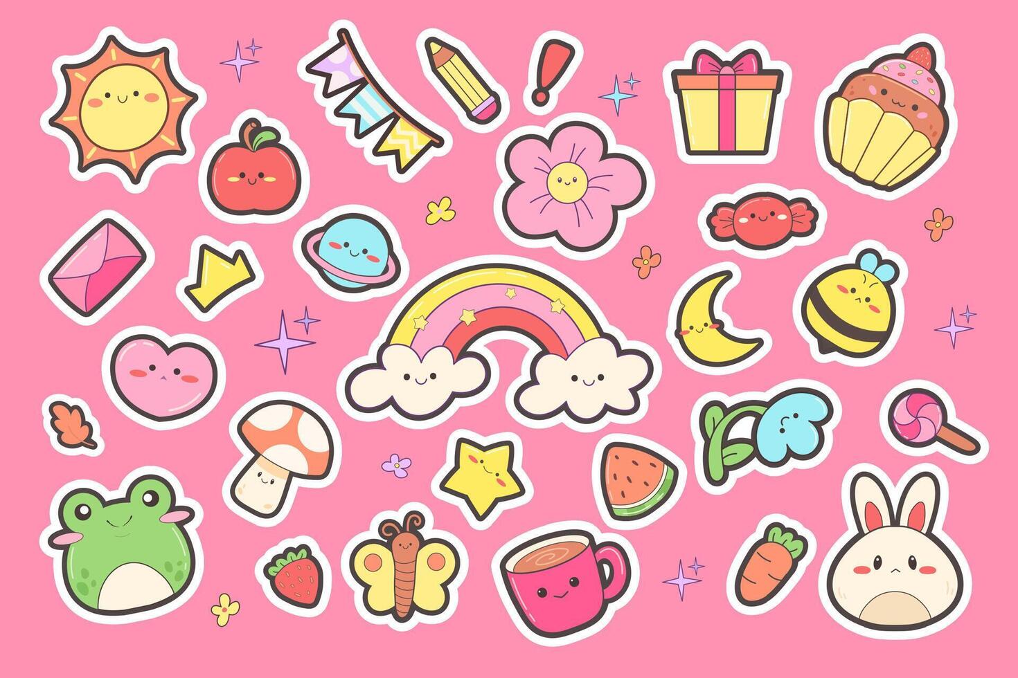 1470x980 Big set of kawaii stickers. Cute sticker of frog, hare, weather, cake. Vector design elements in childish style