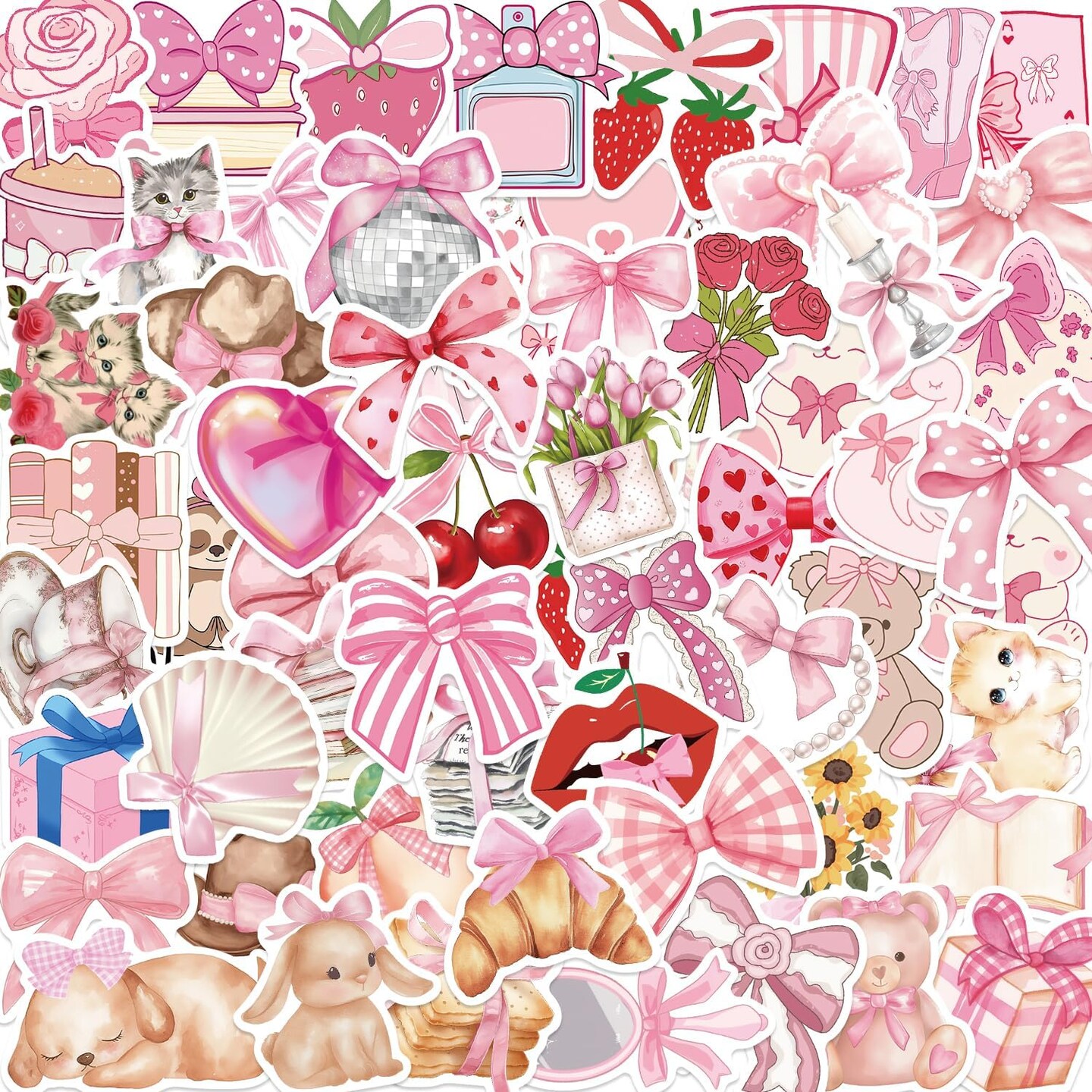 1440x1440 100PCS Coquette Stickers Pink Aesthetic Stickers Pack Cute Bow Tie Stickers for Girls Pink Sticker