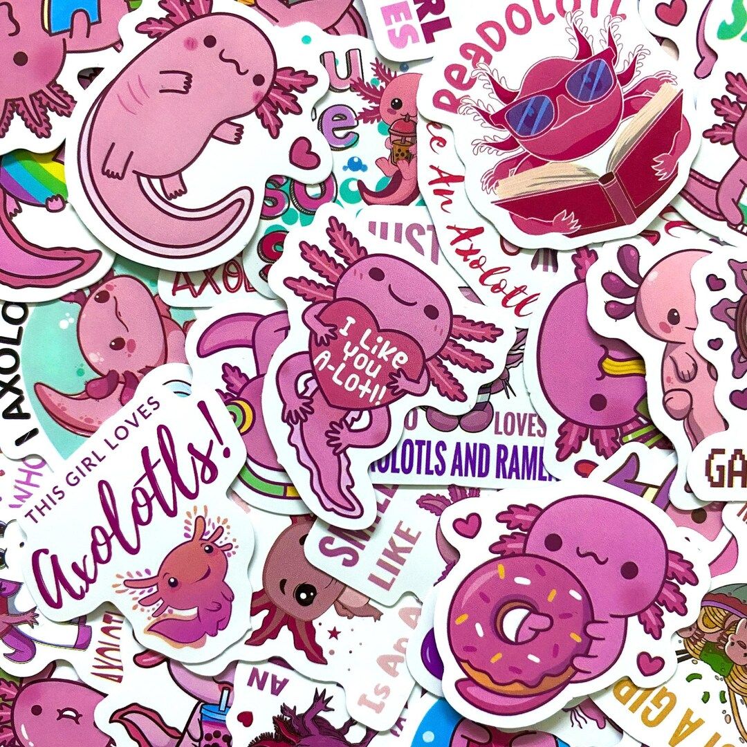 1080x1080 Random Kawaii Axolotl Stickers, Cute Pink Salamander Stickers for Kids, Teens, Axolotl Lover, Waterproof Stickers for Scrapbook, Journal