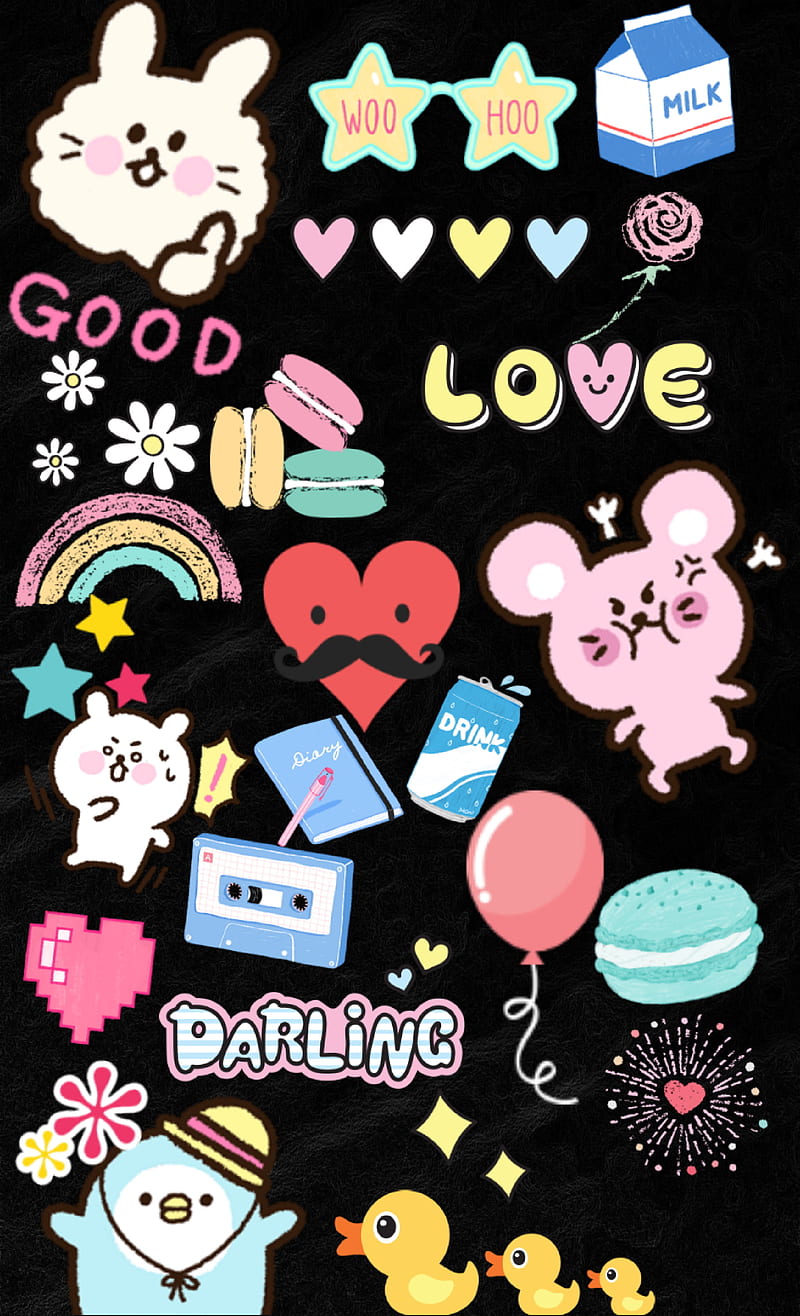 800x1316 Stickers Chibi, penguin, bear, mouse, corazones, pink, black, pop culture, HD phone wallpaper