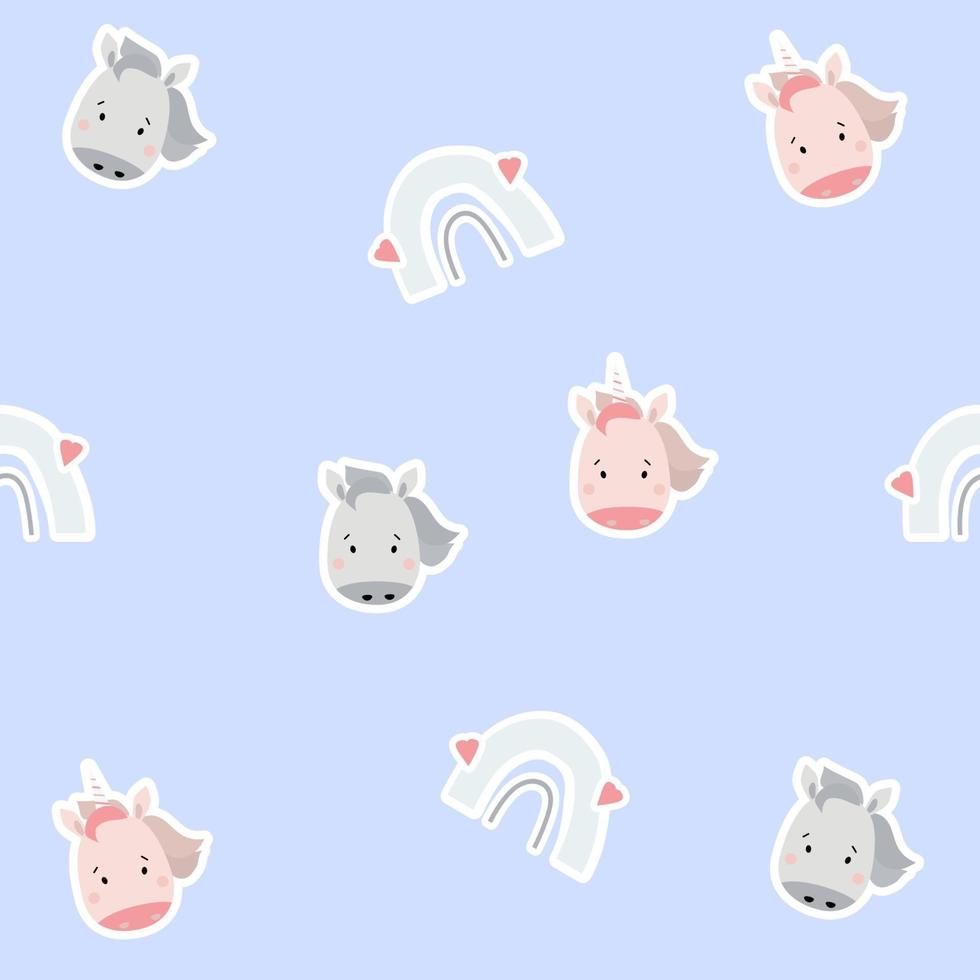 980x980 Seamless patterns. Scandinavian style kids collection. Cute stickers unicorn girl and horse boy and rainbow with hearts on a light blue background. Vector. For design, textile, packaging and wallpaper 2133321 Vector Art