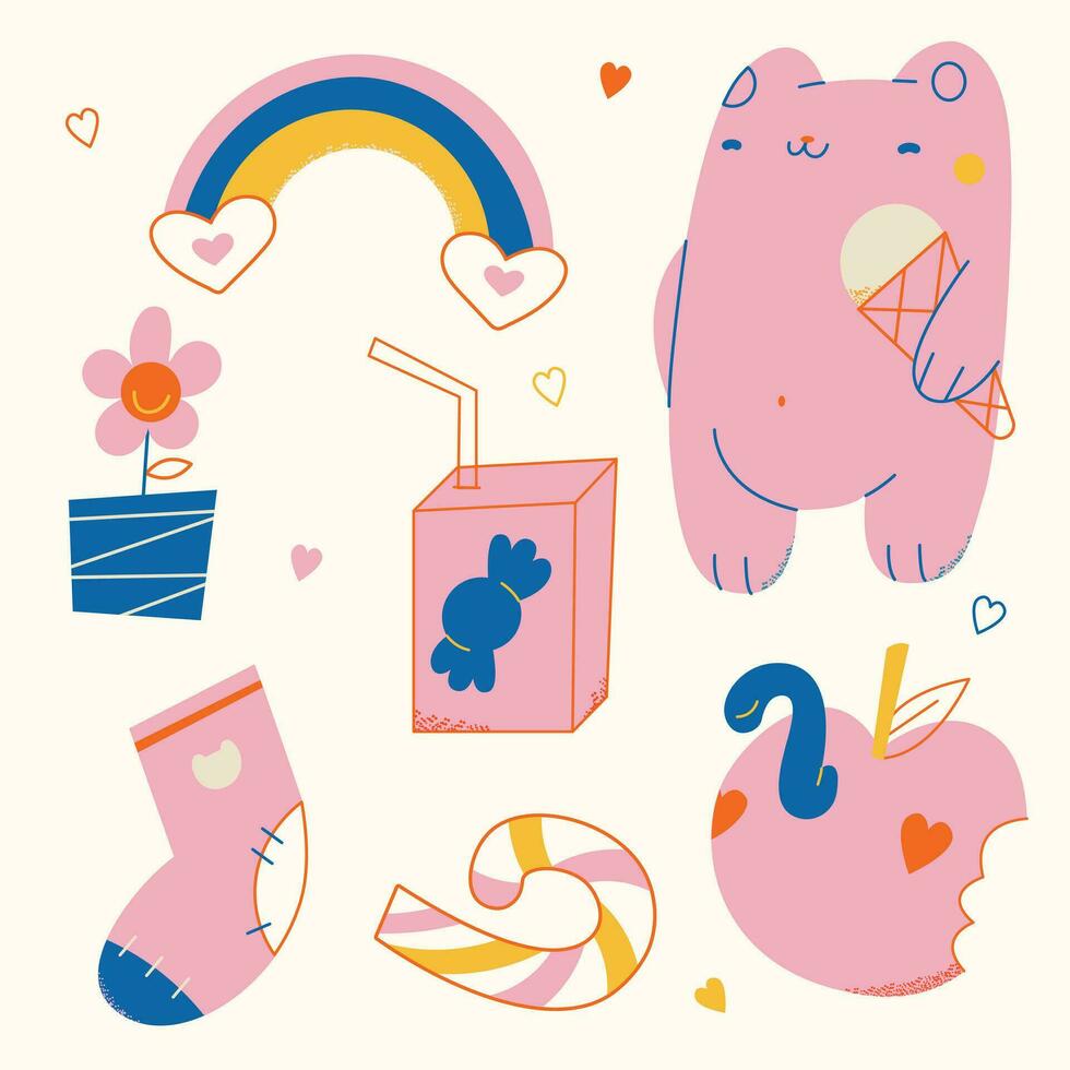 980x980 Cute bright stickers on a yellow background. Sweet kawaii bear, rainbow, juice, apple, flower, juice, sock.Vector Illustration.Kid graphic