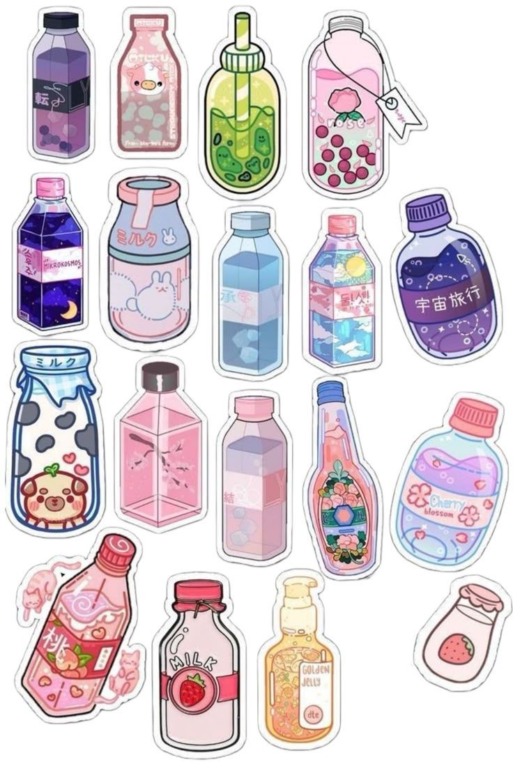 736x1093 Cute Stickers on White Background. Aesthetic kawaii stickers printable, Cute potion bottle wallpaper, Cute food