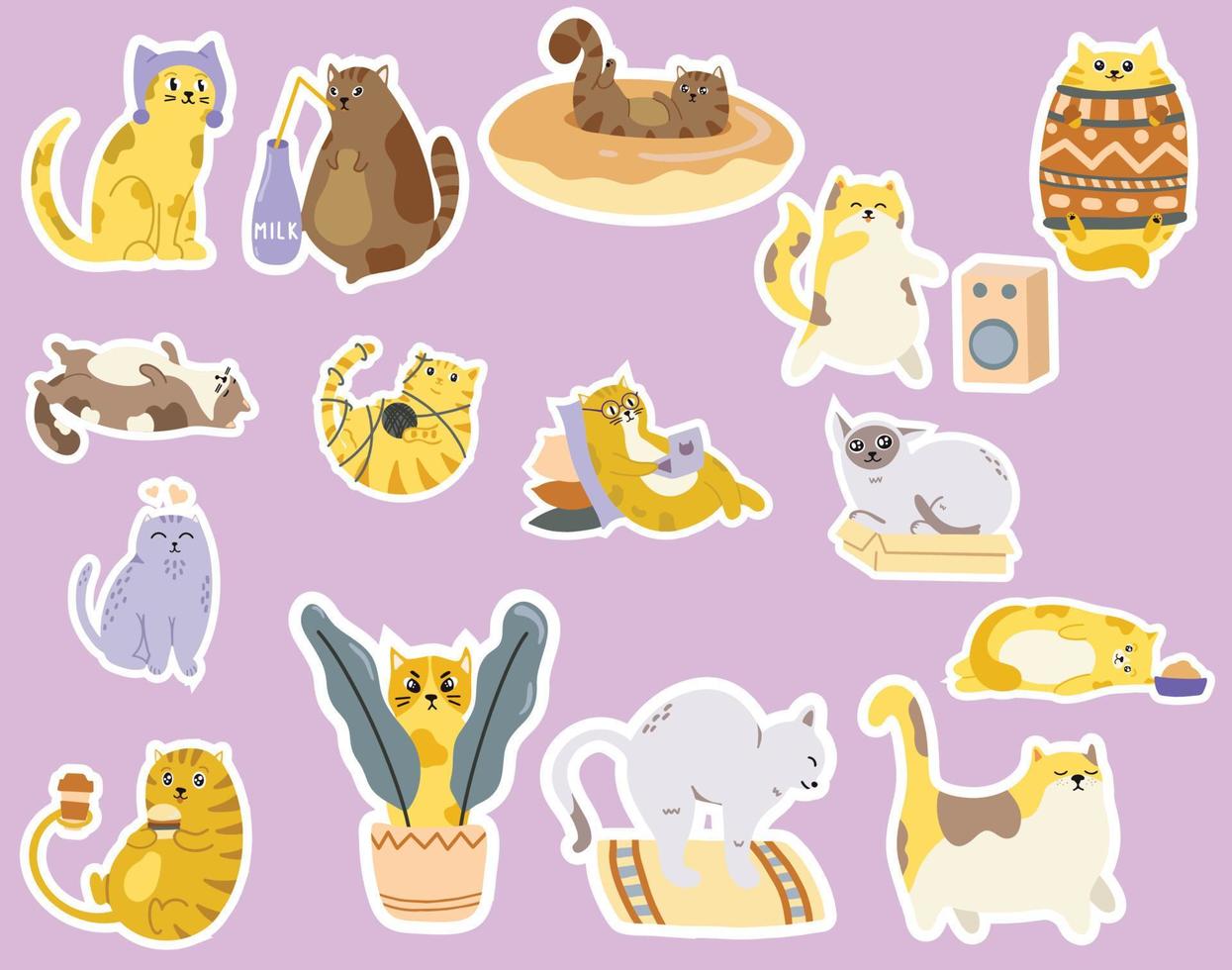 1245x980 cute sticker cat in different poses isolated on pink background