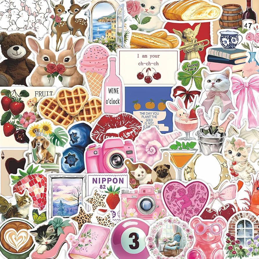 894x894 50 Piece Cute Watercolor Vintage Y2K Pink Aesthetic Stickers