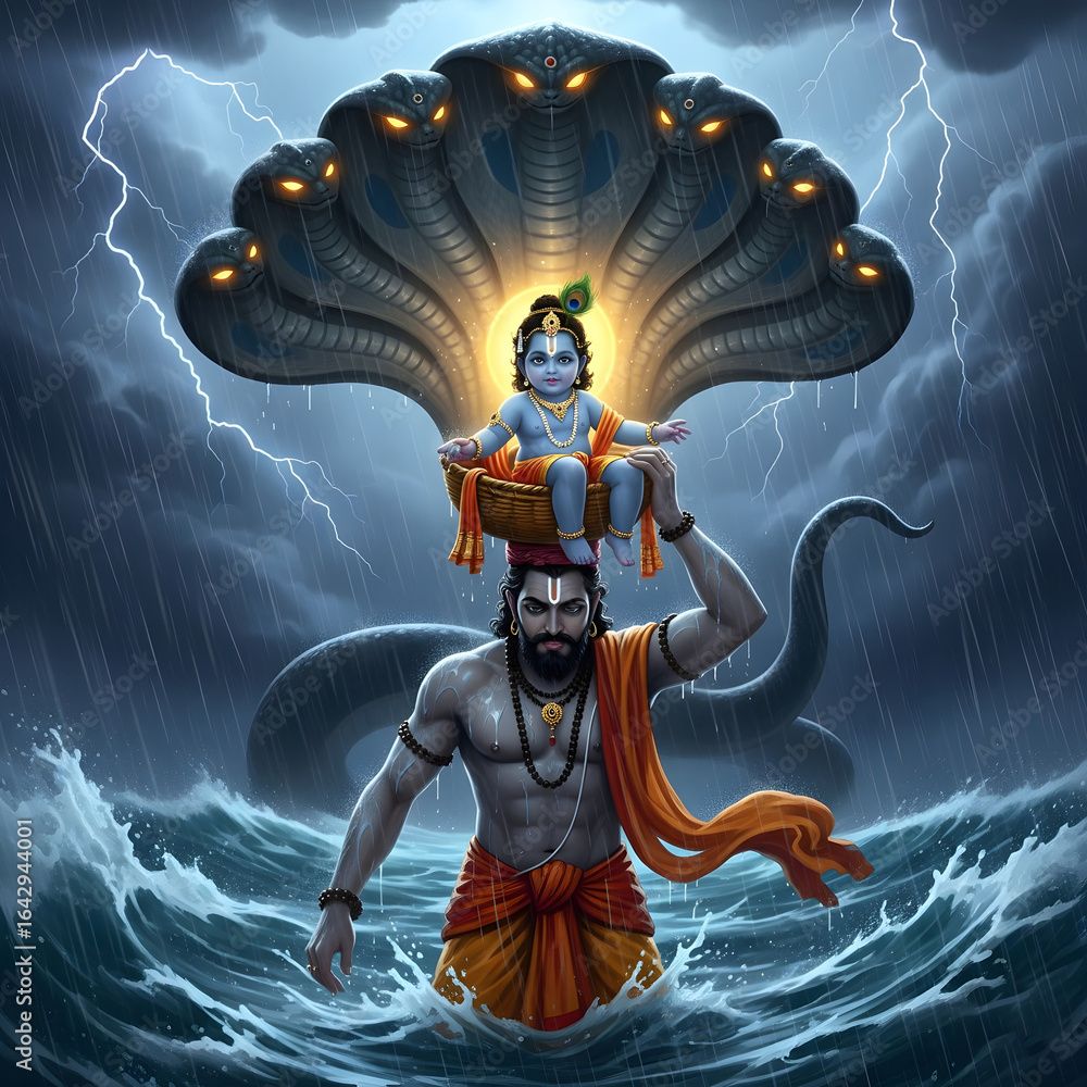 1000x1000 Vasudeva Carrying Bal Krishna Across the Yamuna River on a Stormy Night Stock Illustration