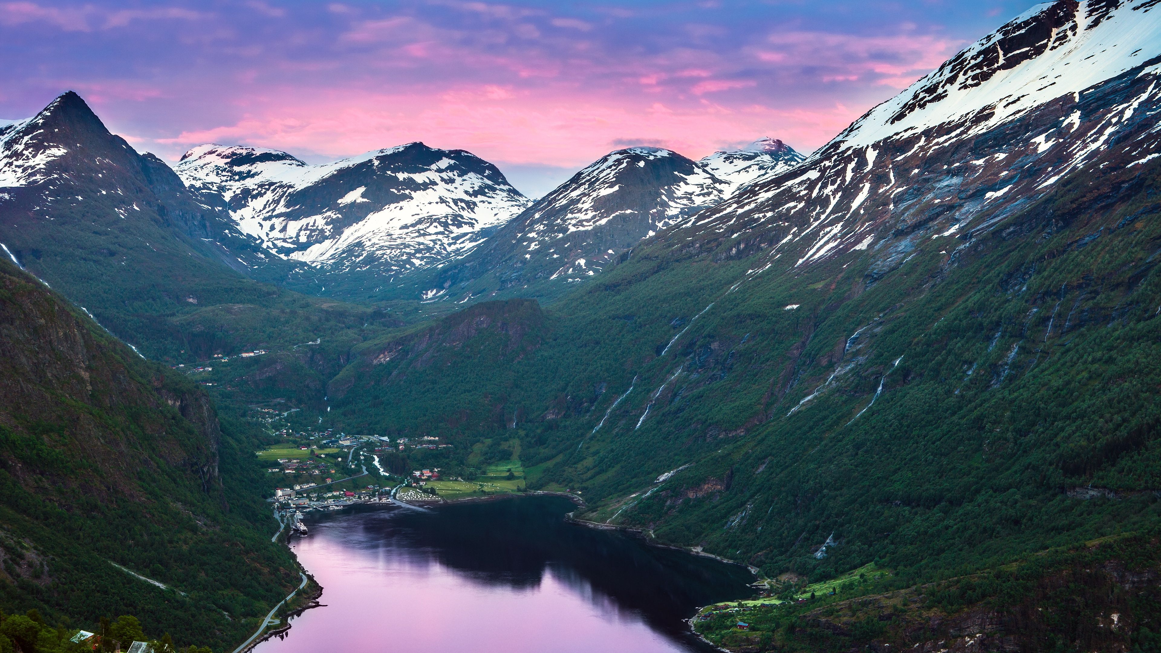 3840x2160 Geiranger Fjord Wallpaper 4K, Norway, Valley, Village, Sunset