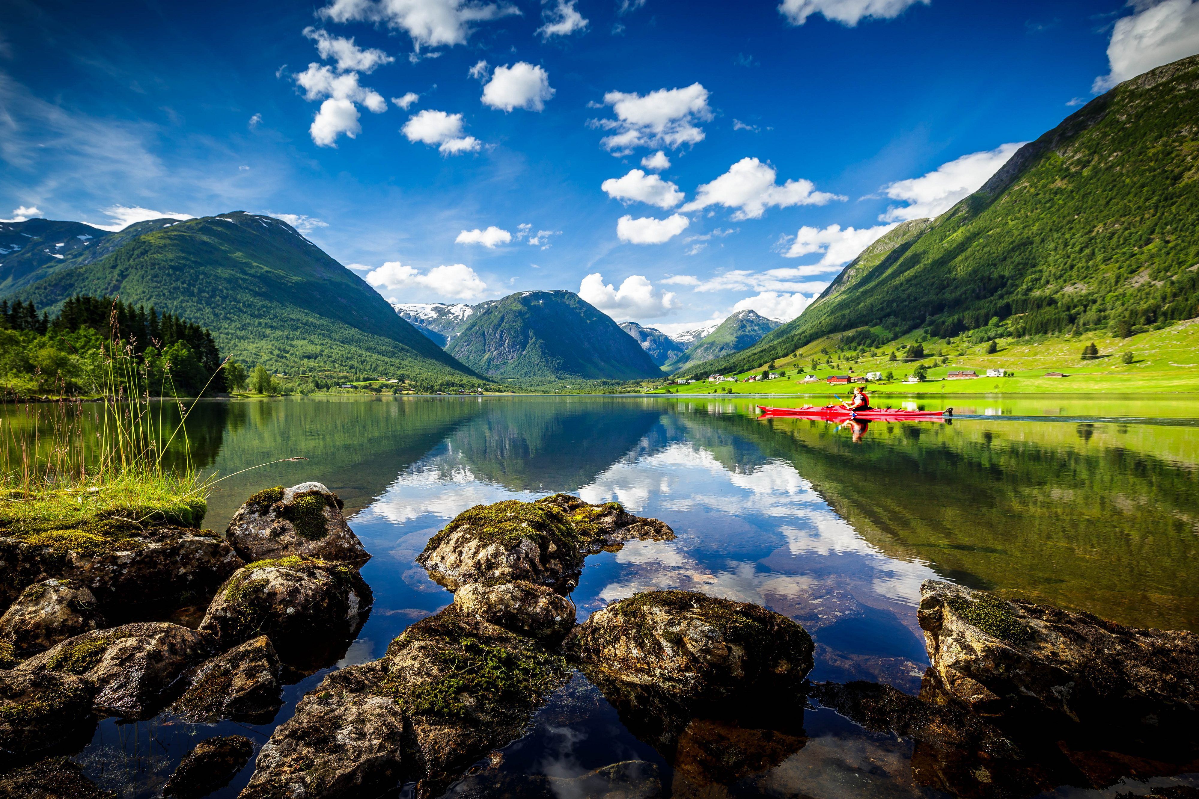 4000x2667 Wallpaper mountains, lake, Norway, Norway, kayak, Sogn and Fjordane, Heimdall for mobile and desktop, section пейзажи, resolution 4000x2667